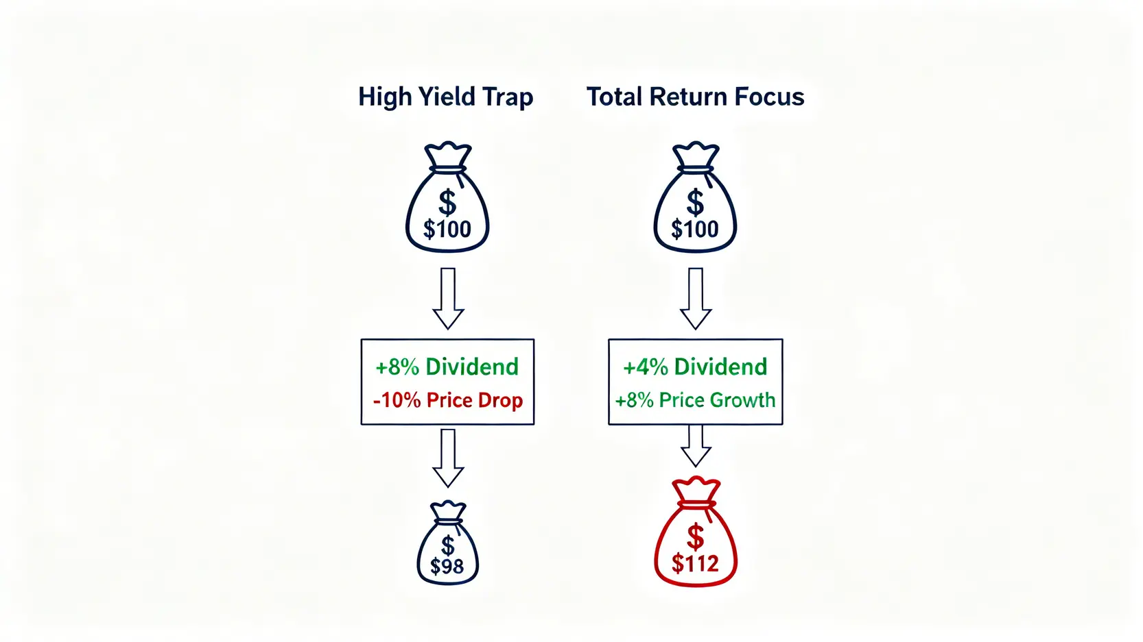 2026高股息ETF推薦:揭露4大隱藏成本的ETF避坑指南 2 總報酬與高殖利率的對比圖,顯示高殖利率陷阱可能導致本金虧損,而關注總報酬才能實現資產增長。