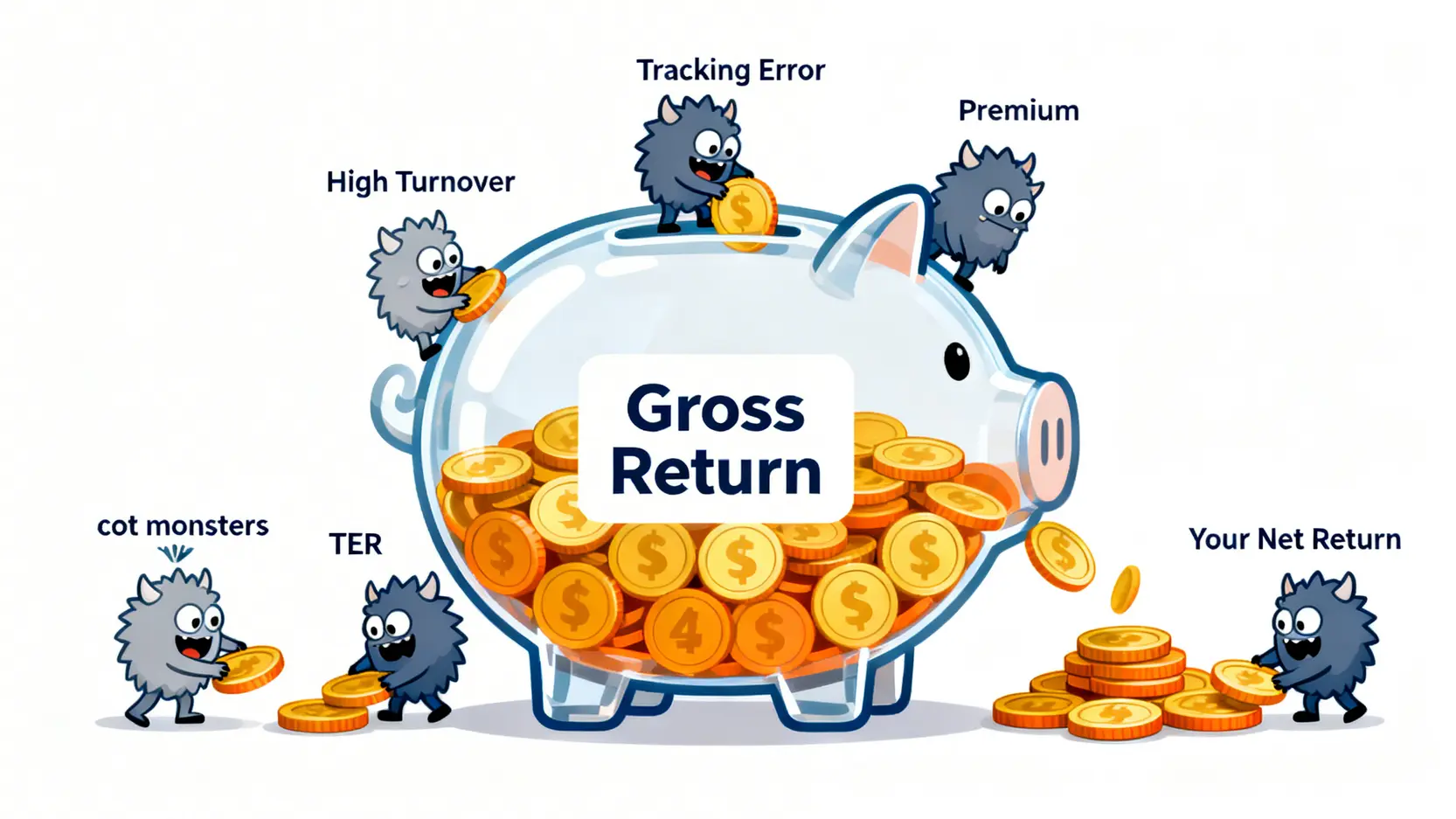 2026高股息ETF推薦:揭露4大隱藏成本的ETF避坑指南 4 侵蝕ETF獲利的四大隱藏成本示意圖,包含內扣費用、高週轉率、追蹤誤差與折溢價。