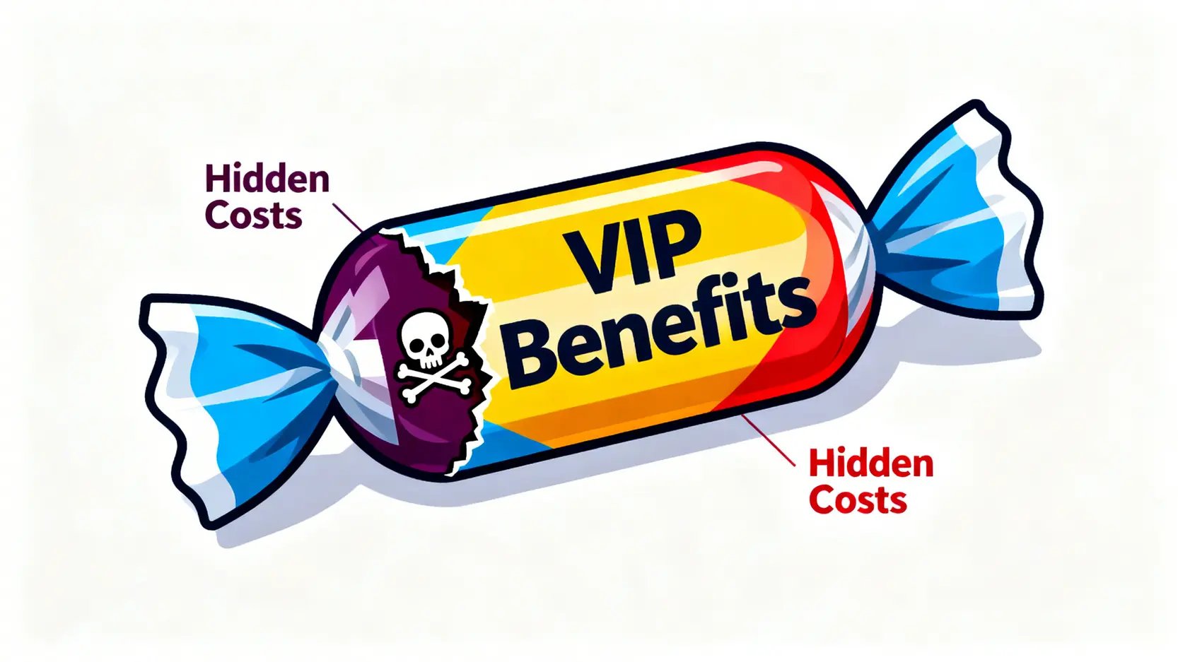 【2026 富邦VIP門檻評測】300萬值得嗎?前銀行副總裁揭露3大隱藏成本 2 一顆標示著VIP福利的漂亮糖果,包裝撕開一角後露出標示著隱藏成本的骷髏毒藥標誌。