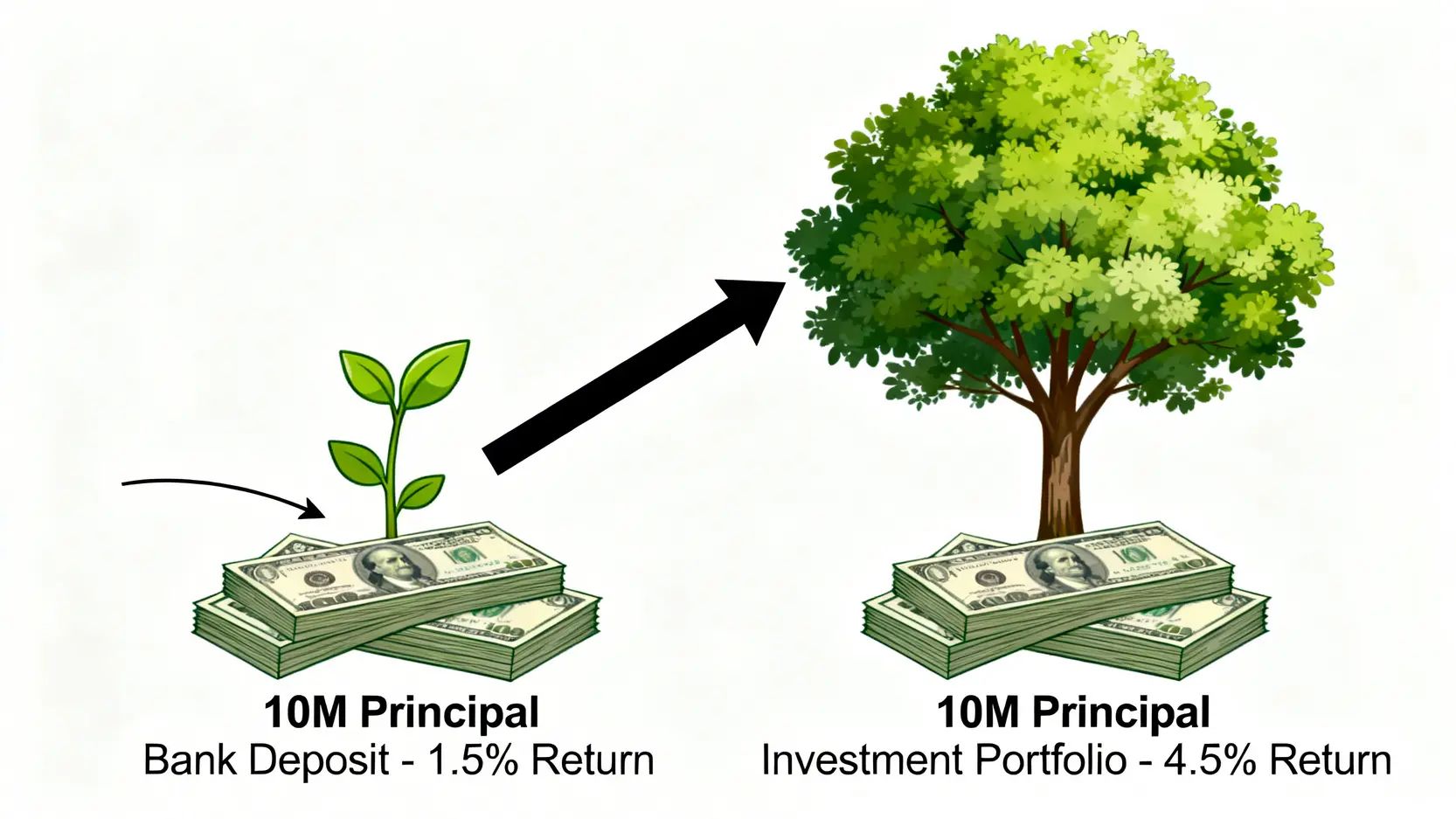 【2026 富邦VIP門檻評測】300萬值得嗎?前銀行副總裁揭露3大隱藏成本 3 對比圖顯示同樣一筆資金,放在銀行定存中只長出小幼苗,而投入穩健投資組合則長成一棵大樹,說明機會成本的差異。
