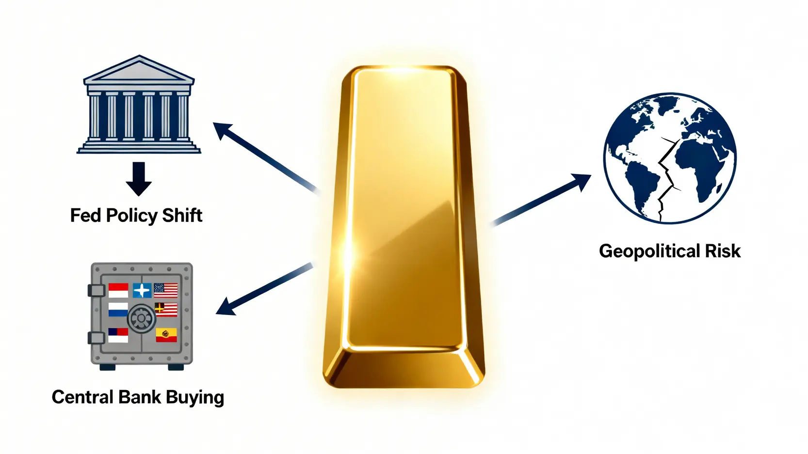 2026黃金投資策略:成本與風險深度剖析,四大工具實戰對比 2 2026年黃金三大宏觀支撐因素示意圖,包括聯準會政策轉向、全球央行購買及地緣政治風險。