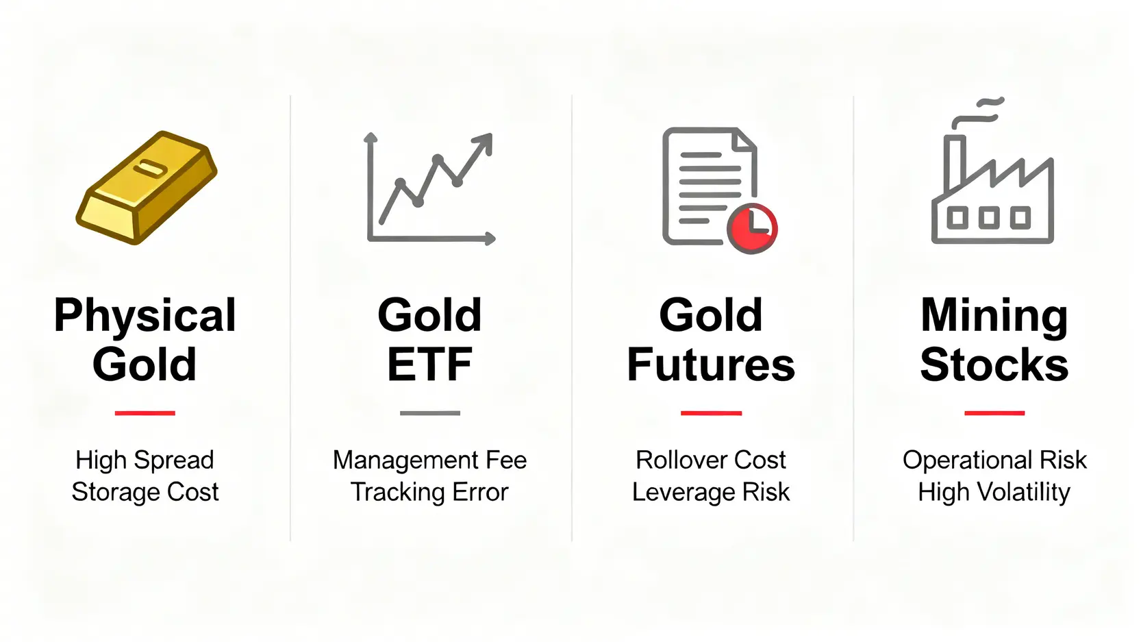 2026黃金投資策略:成本與風險深度剖析,四大工具實戰對比 3 四種黃金投資工具的成本與風險對比圖,包括實體黃金、黃金ETF、黃金期貨和金礦股。