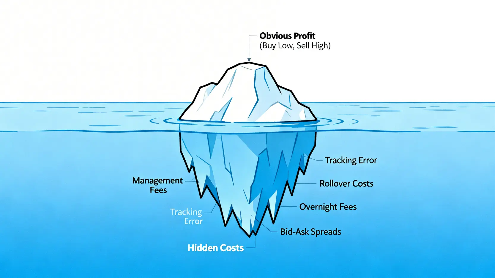 2026黃金走勢預測:專業交易員拆解 ETF、期貨、CFD 隱形成本 3 黃金投資的隱形成本冰山圖,顯示可見利潤只是冰山一角,而水面下的管理費、價差、隔夜利息等隱形成本更為巨大。