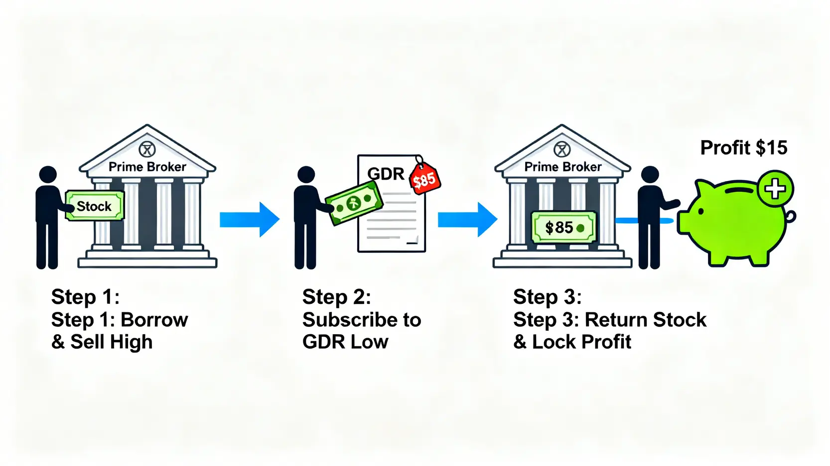GDR發行是利多還利空?從法人套利與股本稀釋率看穿股價影響 2 GDR套利三步驟流程圖,展示法人如何透過借券賣出、低價認購GDR、最後還券來鎖定利潤。
