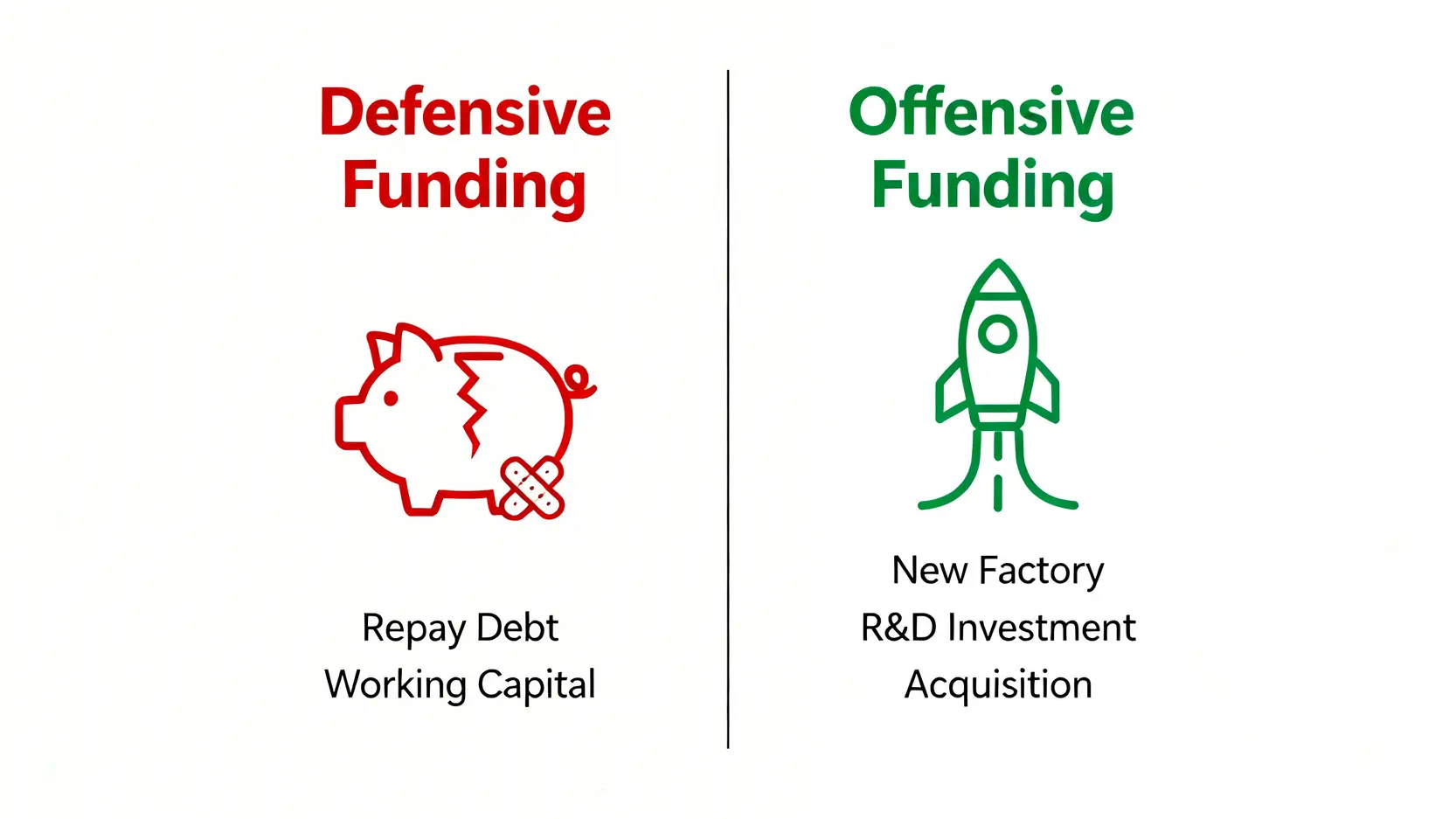 GDR發行是利多還利空?從法人套利與股本稀釋率看穿股價影響 4 GDR募資用途對比圖,區分用於償還債務的防守型資金用途,以及用於蓋新廠或研發的進攻型資金用途。