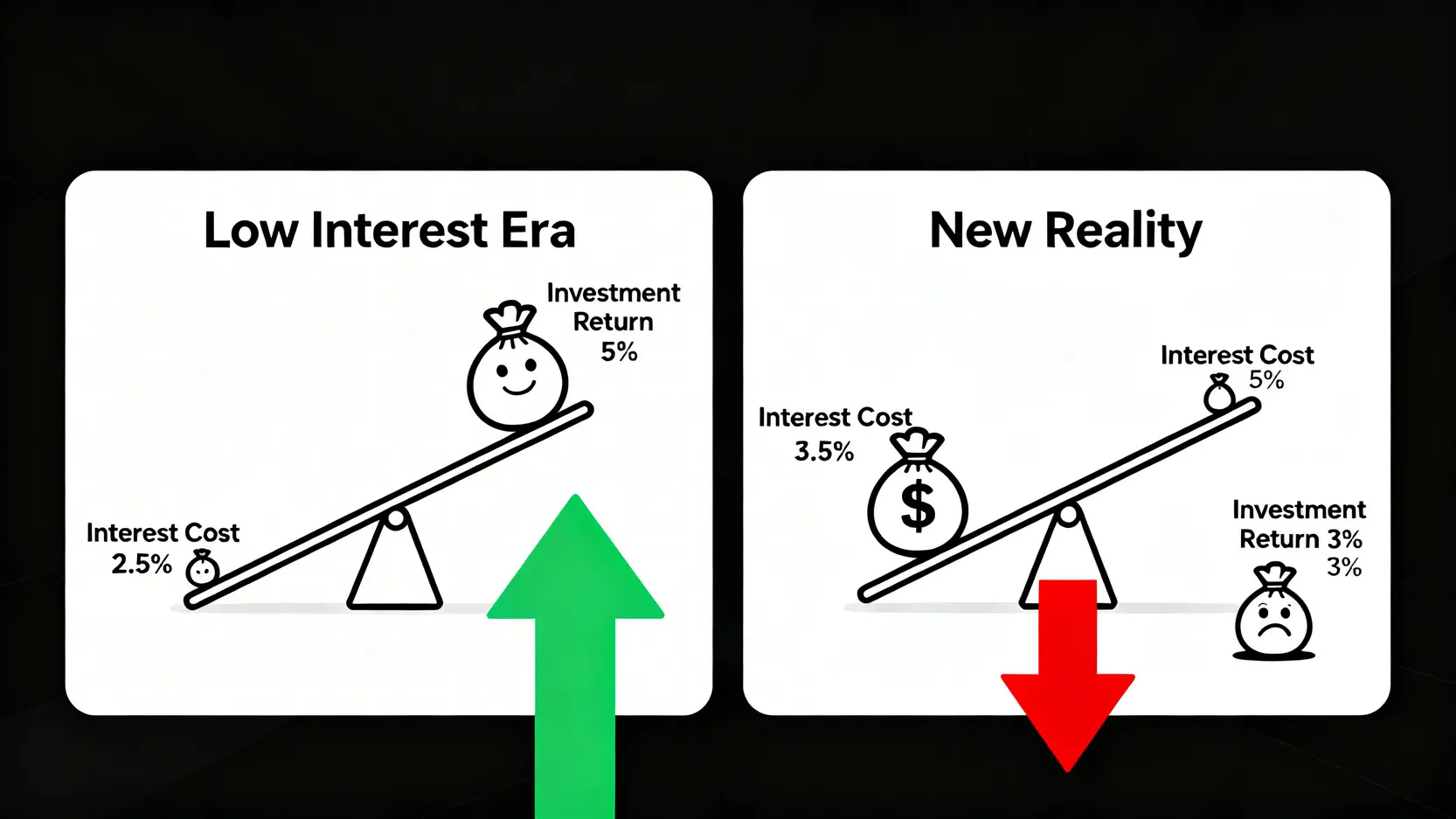 【2026 理財型房貸利率預測】8大銀行全比較與專家風險建模 2 理財型房貸在不同利率環境下的利潤對比圖,顯示低利率時代的獲利與高利率時代的虧損風險。