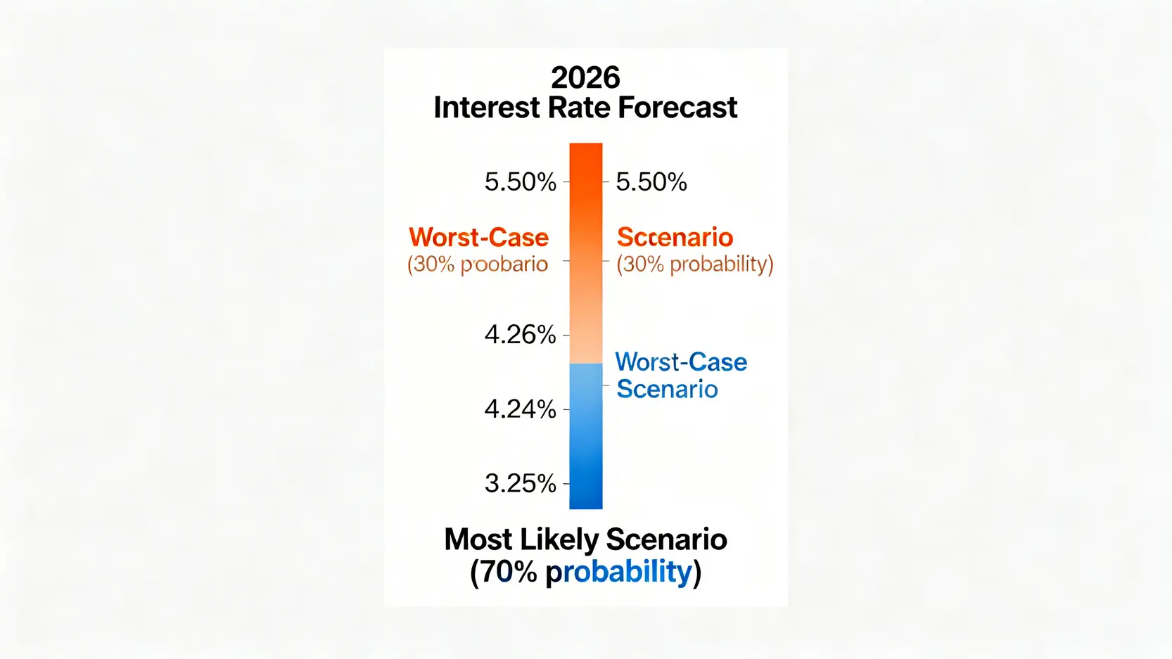 【2026 理財型房貸利率預測】8大銀行全比較與專家風險建模 3 2026年理財型房貸利率預測圖,顯示最可能區間為3.25%至4.25%,最壞情境為4.25%至5.50%。