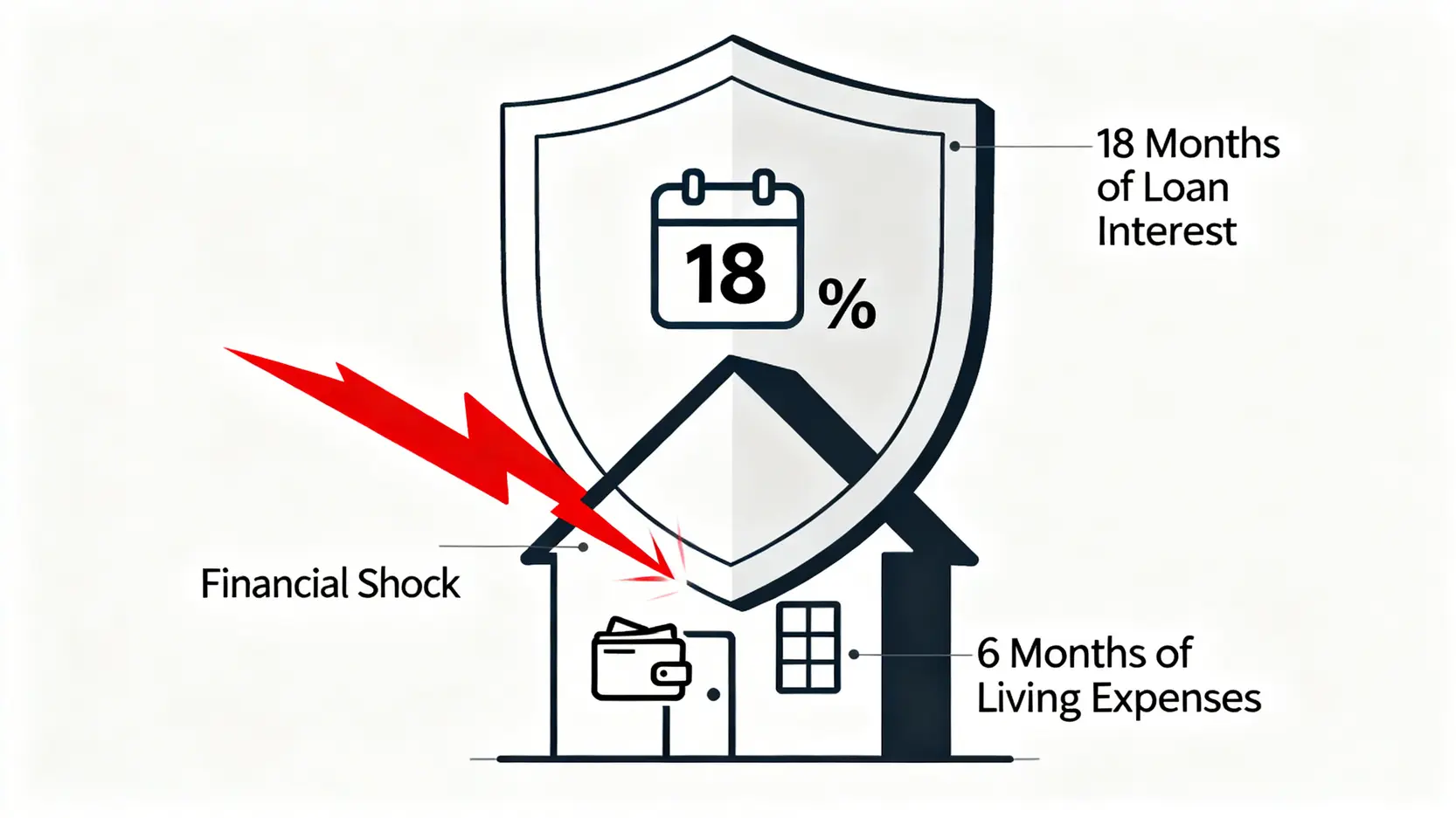 【2026 理財型房貸利率預測】8大銀行全比較與專家風險建模 4 安全墊概念圖,一個盾牌保護著房子,盾牌由「18個月的房貸利息」和「6個月的生活開銷」兩部分組成。