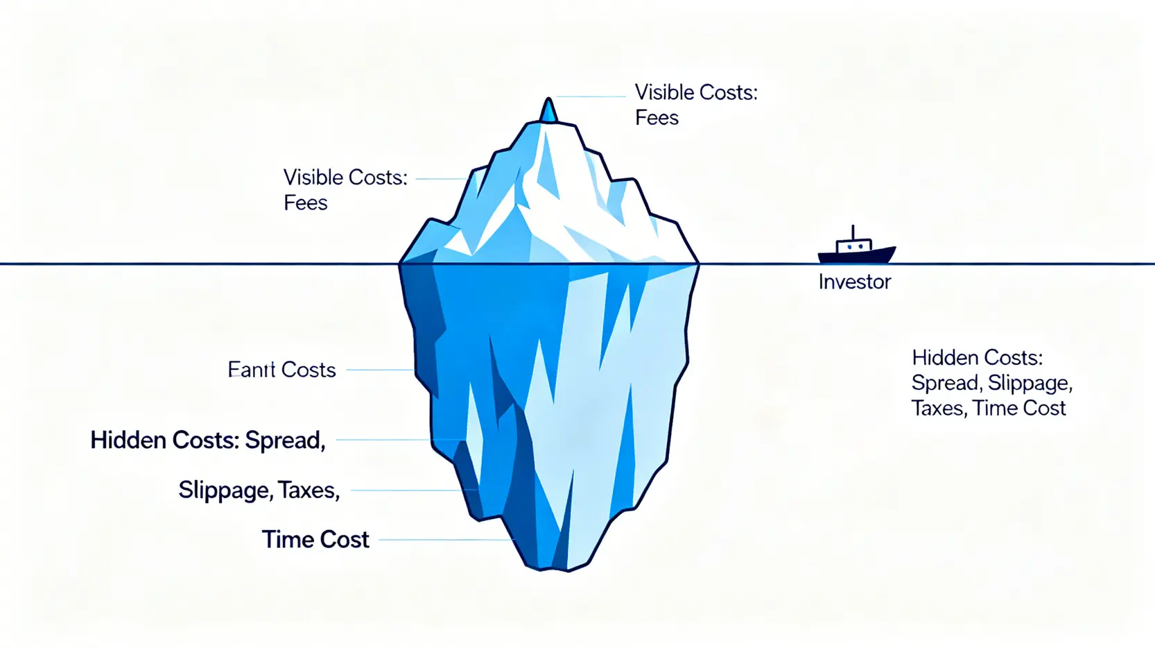 2026投資策略指南:教你計算隱藏成本,一張表選出最適合你的台股策略 2 投資隱藏成本冰山圖,顯示可見的交易手續費只是冰山一角,而水面下巨大的隱藏成本如價差、滑價和稅務才是侵蝕獲利的主因。