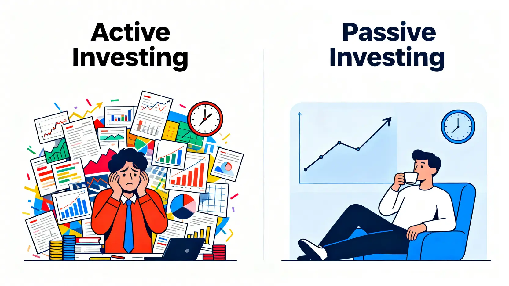 2026投資策略指南:教你計算隱藏成本,一張表選出最適合你的台股策略 3 主動投資與被動投資的時間成本對比圖,左邊是主動投資者花費大量時間研究,右邊是被動投資者輕鬆省時。