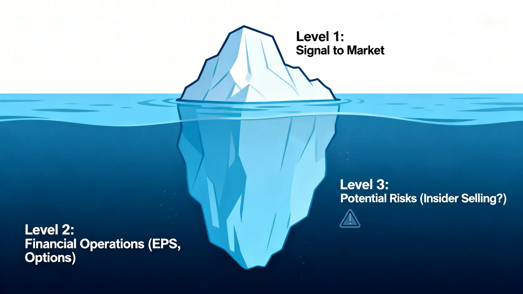庫藏股可以買嗎?2026年投資指南:避開3大陷阱與數據分析 2 庫藏股三層潛在意圖的冰山模型圖,解釋了表面信號、財務操作和潛在風險。
