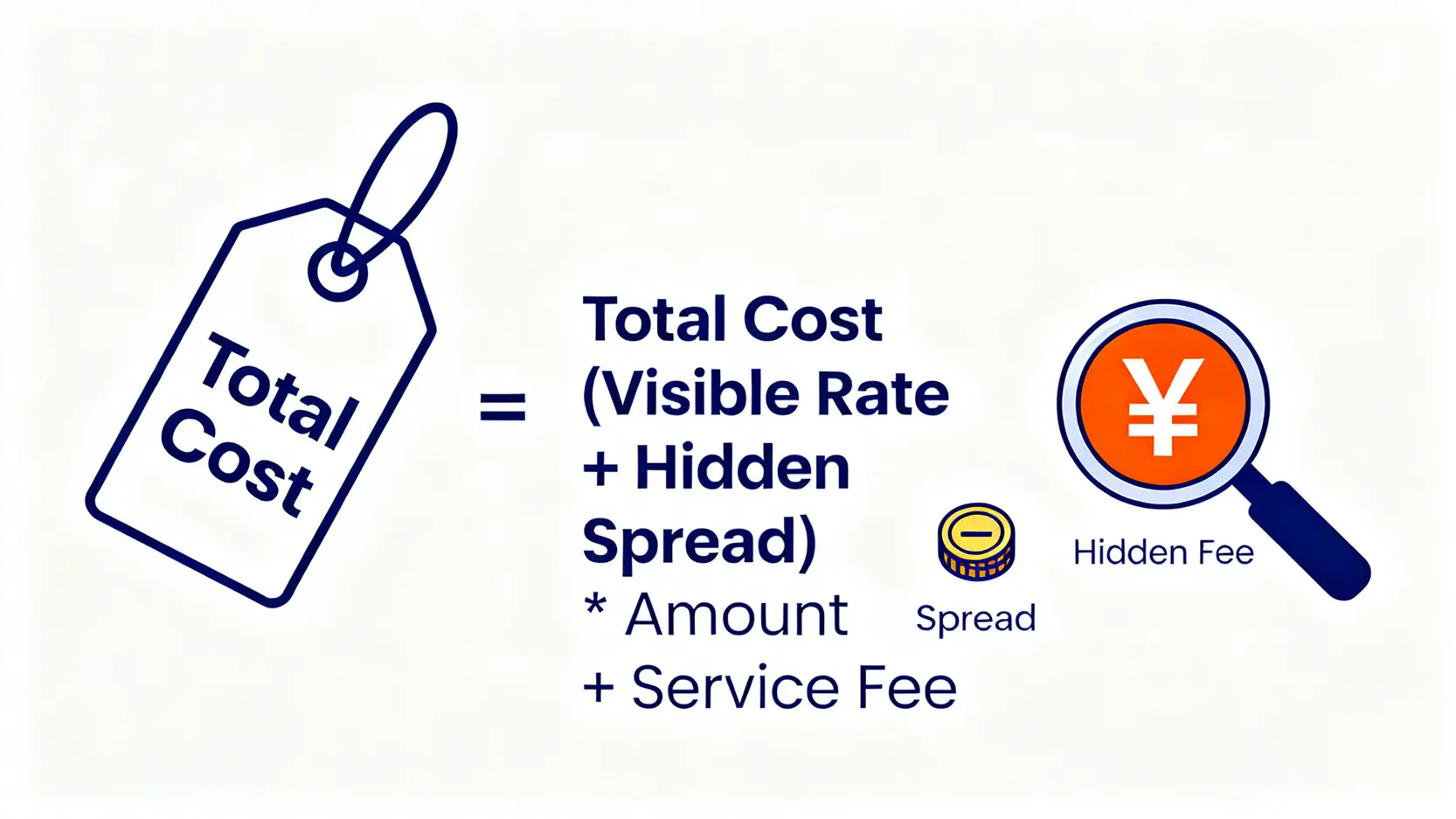 【2026換日幣】5大銀行總成本精算:一篇看懂匯率、手續費與隱藏費用 2 換匯總成本計算公式圖,顯示總成本由匯率、隱藏價差、金額和手續費組成。