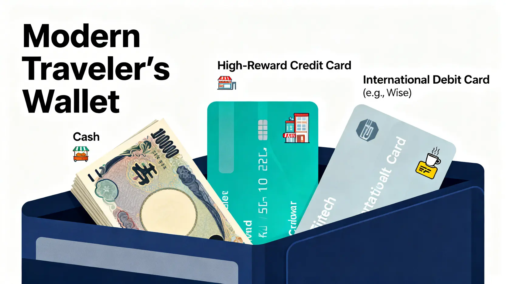 【2026換日幣】5大銀行總成本精算:一篇看懂匯率、手續費與隱藏費用 4 現代旅人的混合支付策略圖,包含日幣現金、高回饋信用卡和國際Debit卡,適用於不同消費場景。