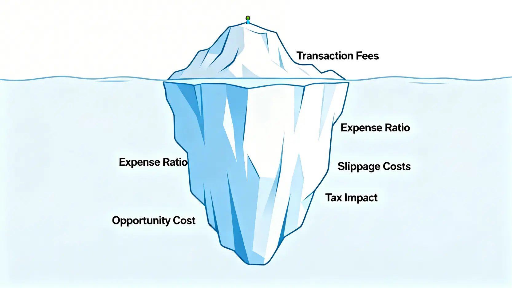 2026投資策略指南:4大模型量化對比,揭示專家不說的隱藏成本 2 總持有成本(TCO)冰山圖,顯示可見的交易手續費只是冰山一角,而水下隱藏著更大的內扣費用、滑價和稅務成本。