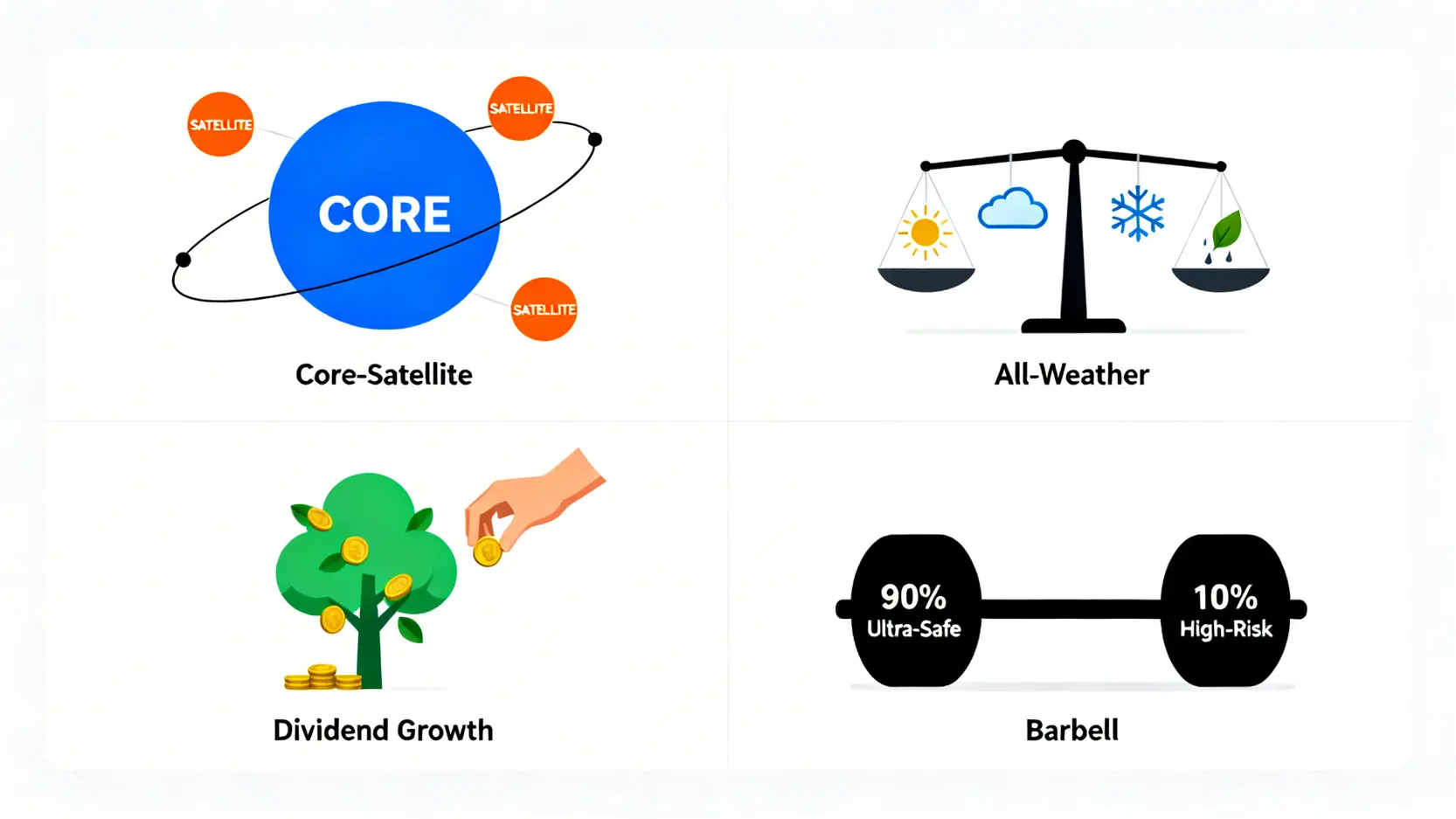 2026投資策略指南:4大模型量化對比,揭示專家不說的隱藏成本 3 四種主流投資策略概念圖:核心-衛星、全天候、股息成長、槓鈴策略的視覺化對比。