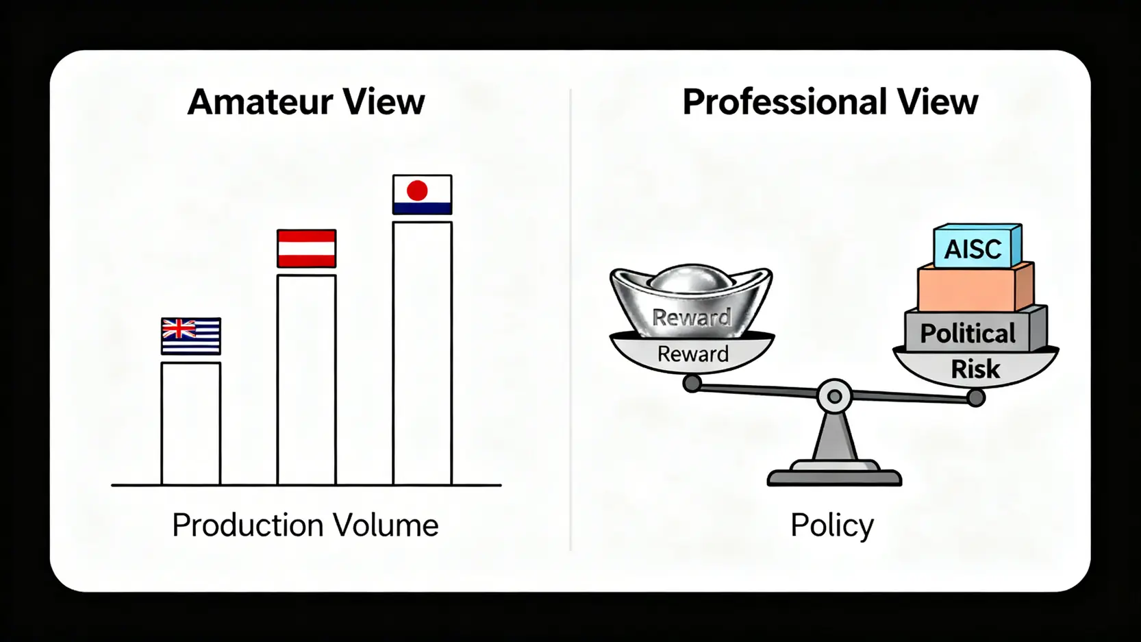 2026全球白銀生產國排名:全方位解析成本、政治風險與投資佈局 2 業餘與專業投資者視角對比圖,顯示了從單純看產量到綜合評估成本與風險的思維轉變。