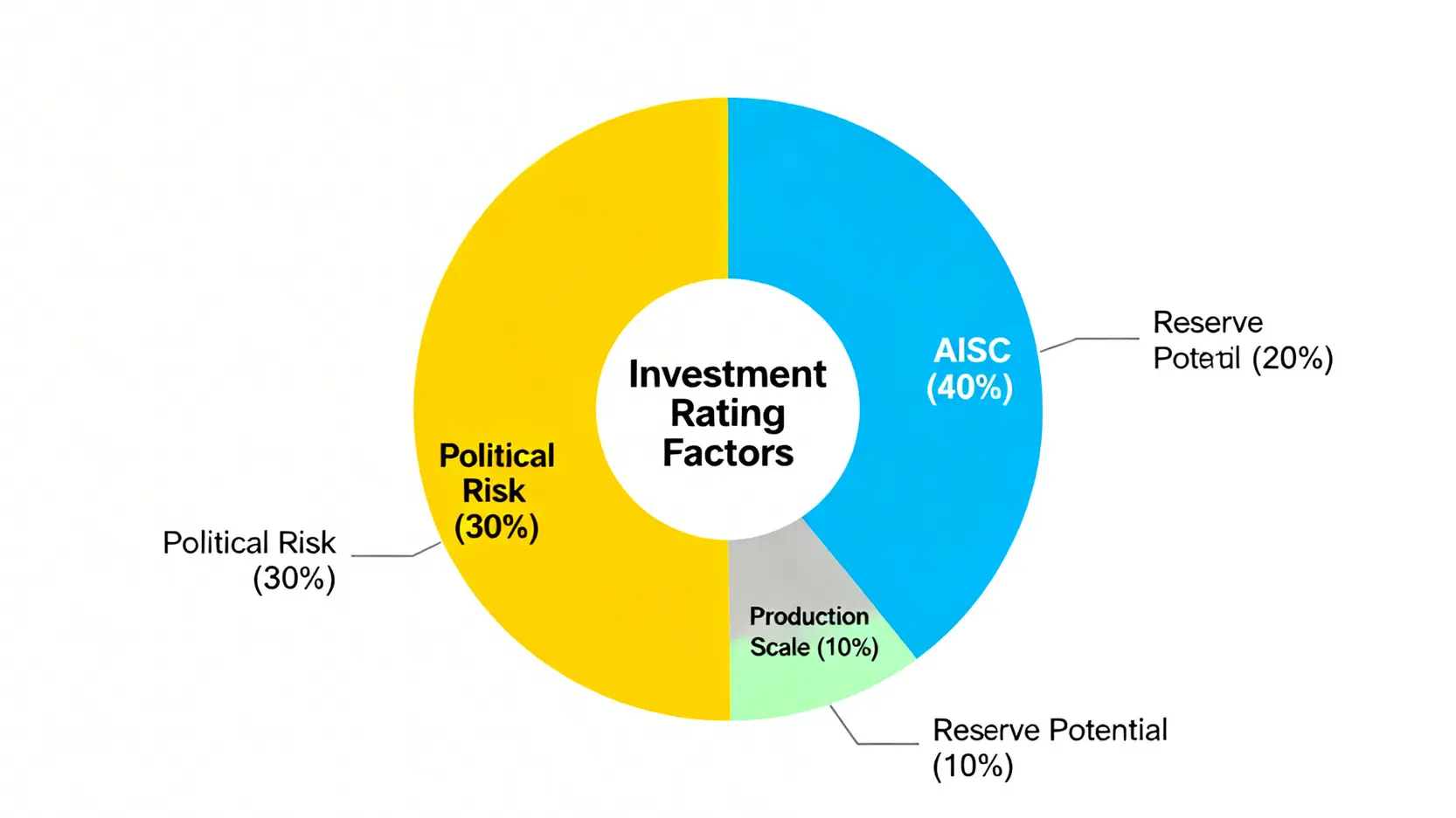 2026全球白銀生產國排名:全方位解析成本、政治風險與投資佈局 3 白銀生產國投資評級的權重分佈圖,顯示了AISC佔40%,政治風險佔30%,儲量潛力佔20%,產量規模佔10%。