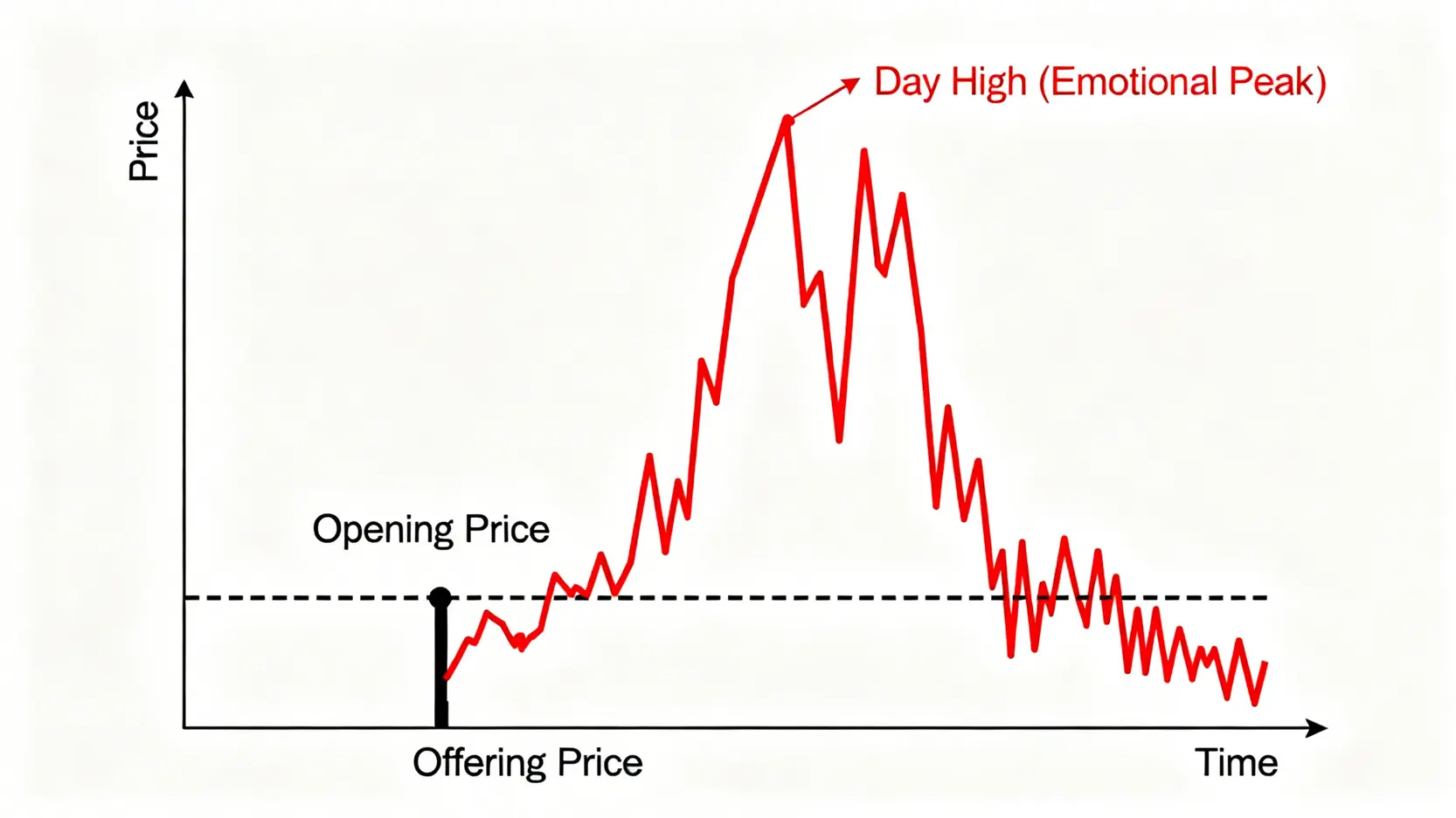 美股IPO股票怎麼買?台灣投資人3大申購管道全攻略 3 一張示意圖表顯示IPO股票上市首日的價格走勢,標示出發行價、開盤價與盤中高點的巨大差距。