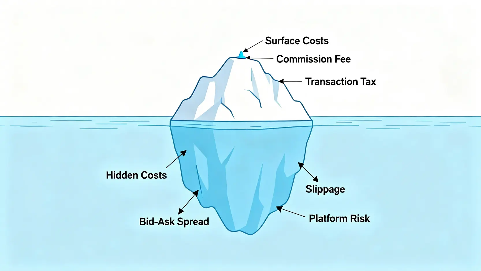 股票手續費試算 (2026):券商折扣與隱藏成本全攻略 2 交易成本冰山圖,顯示可見的手續費與交易稅只是冰山一角,水面下隱藏著更龐大的滑價與平台風險成本。