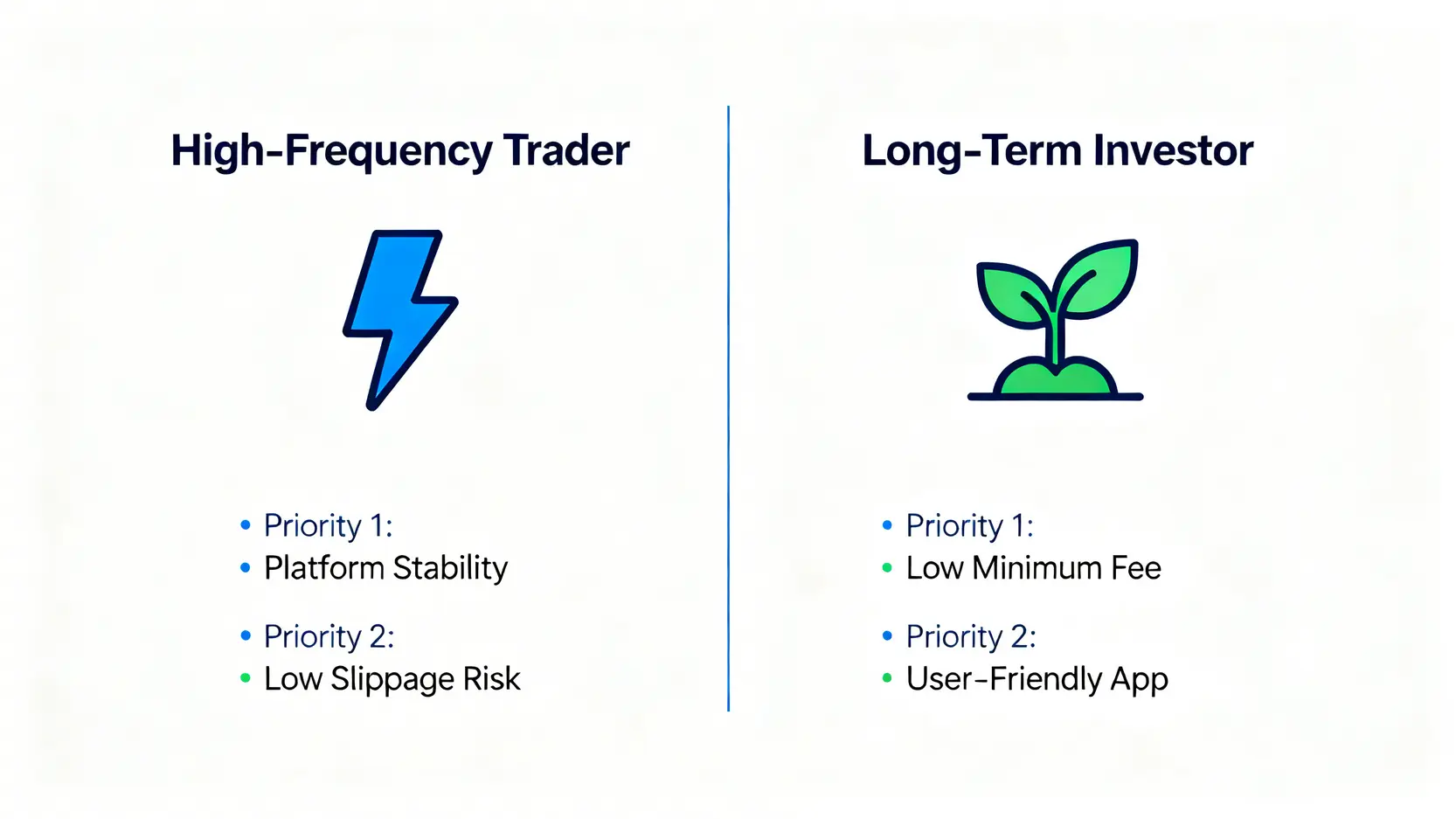 股票手續費試算 (2026):券商折扣與隱藏成本全攻略 4 一張比較高頻交易者與長期投資者券商選擇標準的圖表。左側高頻交易者重視平台穩定與低滑價,右側長期投資者重視低手續費門檻與友善介面。