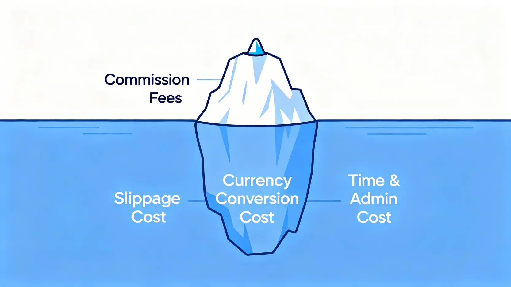 【2026券商壓力測試】實測4大平台滑點、隱藏成本與中文客服效率 2 總持有成本冰山圖,說明交易手續費只是可見的小部分,而滑點、換匯和時間成本是更大的隱藏成本。