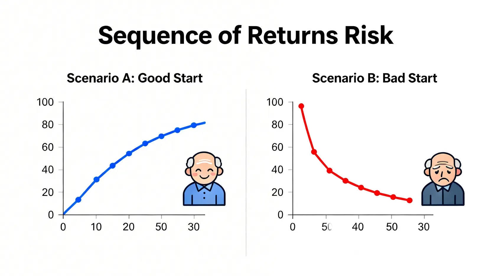 【2026 壓力測試】FIRE 財務自由的殘酷真相:4% 法則還有效嗎?教你避開 3 大退休風險 2 報酬順序風險示意圖,對比退休初期市場表現好與壞對最終資產的巨大影響。