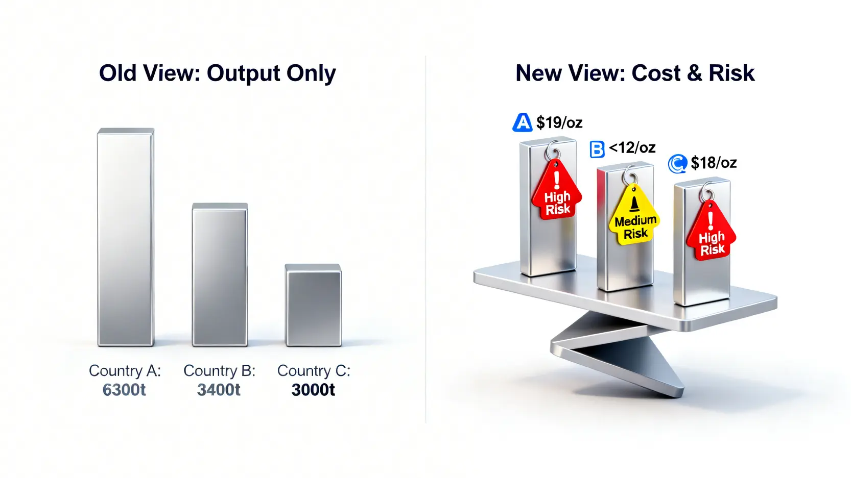 2026 白銀生產國投資風險報告:別只看產量!揭露地緣政治與成本如何影響您的資產配置 2 一張對比圖,左側顯示舊的投資思維只看白銀產量,右側顯示新的投資思維結合了生產成本與地緣政治風險。