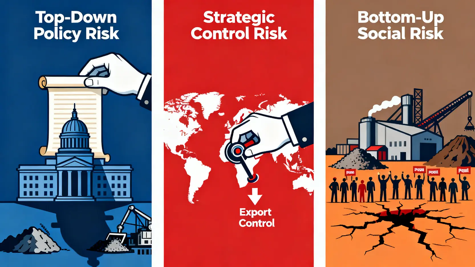 2026 白銀生產國投資風險報告:別只看產量!揭露地緣政治與成本如何影響您的資產配置 3 三種不同的地緣政治風險示意圖:墨西哥的自上而下政策風險、中國的戰略性出口管制風險、以及秘魯的自下而上社會衝突風險。