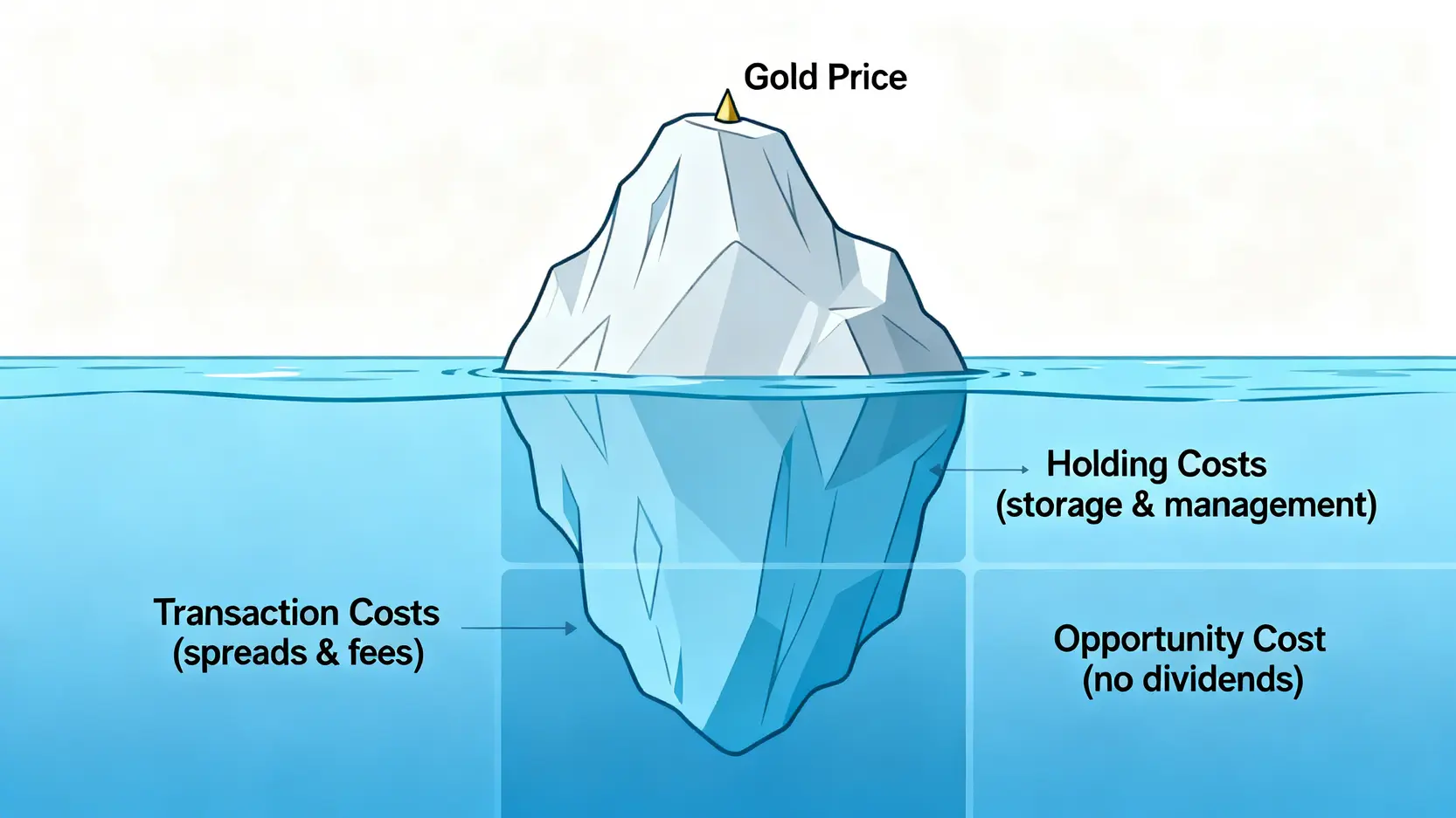 2026 黃金投資指南:不只看漲跌!拆解 3 大隱藏成本與結構性風險 2 黃金投資的成本冰山示意圖,顯示可見的金價只是小部分,水面下隱藏著交易、持有與機會成本。