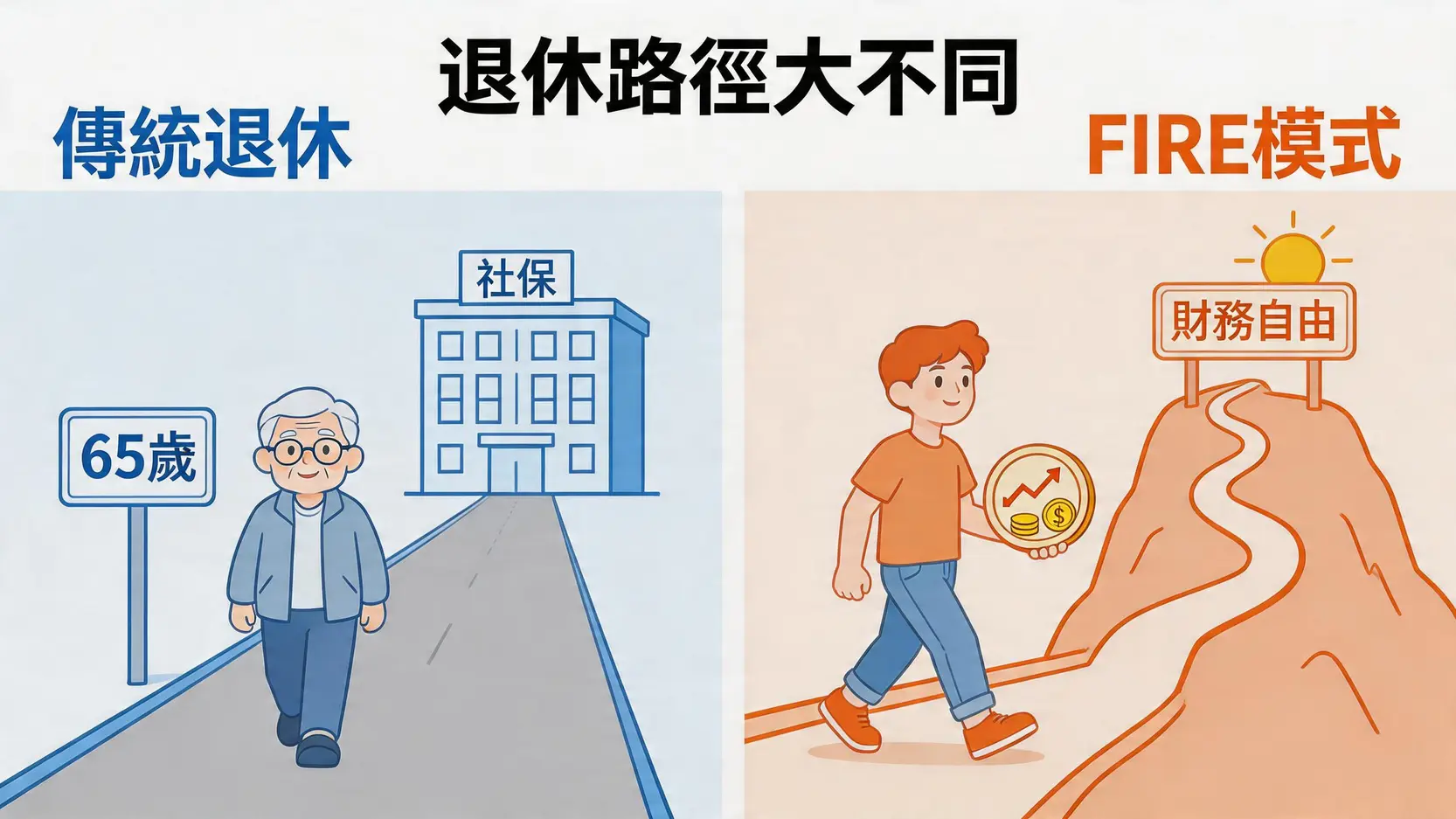 FIRE是什麼?掌握財務自由度儀表板核心概念,規劃你的提早退休藍圖 2 FIRE模式與傳統退休模式的對比圖,展示了兩者在退休年齡、收入來源和主導權上的區別。