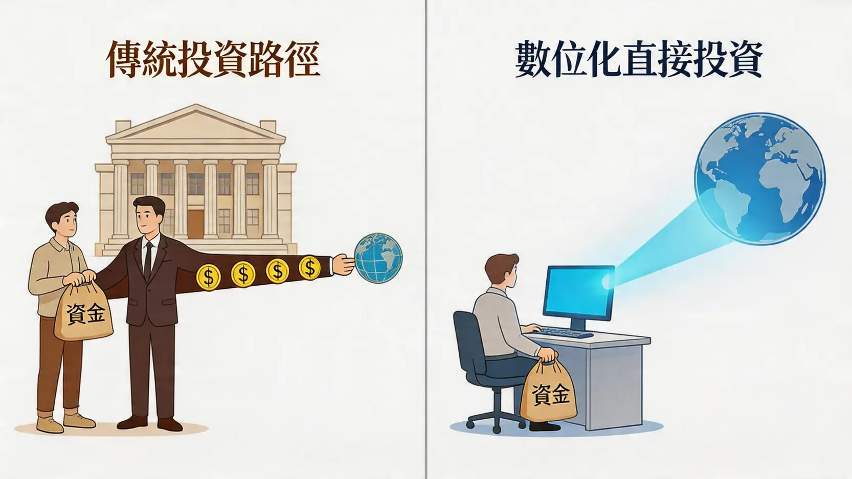 【2026美股ETF開戶指南】複委託vs海外券商?流程、手續費與券商推薦一篇搞懂 2 投資美股ETF的兩種主要管道:國內券商複委託與海外券商的比較示意圖。