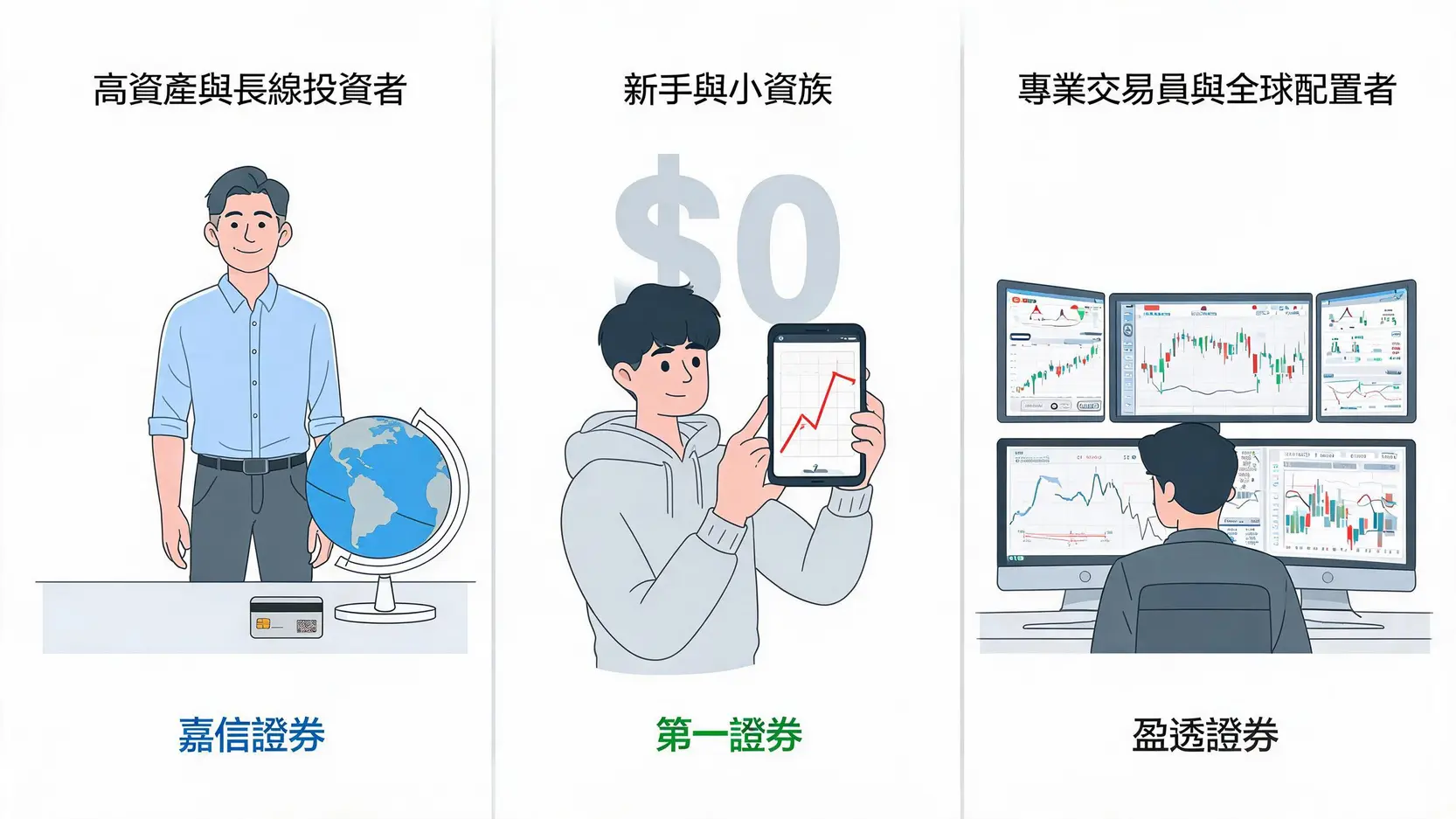 【2026美股券商評比】Charles Schwab嘉信, Firstrade, IB盈透證券優劣勢分析與選擇指南 2 一張圖比較嘉信證券、第一證券、盈透證券三大券商的適合投資者類型