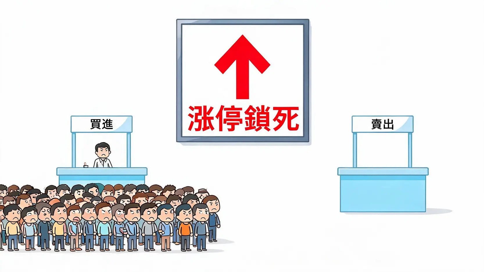 股票漲停可以買嗎?一文看懂漲跌停機制、原因與散戶應對策略 2 一張說明股票漲停鎖死概念的示意圖,顯示大量買單排隊但無人賣出。