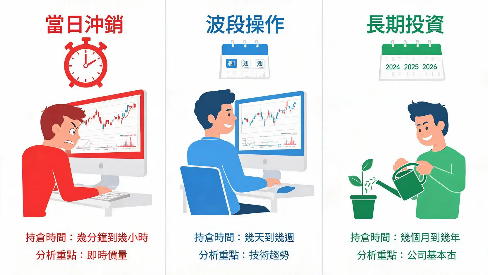 【波段交易攻略】新手必學5大技巧,讓你看懂趨勢抓準進出場點! 2 比較當日沖銷、波段操作與長期投資三種交易風格的示意圖,展示了它們在持倉時間和分析重點上的核心差異。