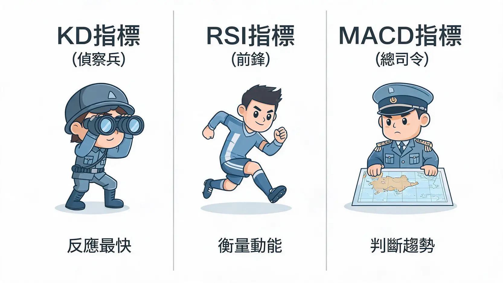 技術指標怎麼看?一篇精通KD、RSI、MACD在短線交易的實戰應用 2 KD、RSI、MACD三大技術指標的角色定位對比圖,分別以偵察兵、前鋒和總司令的形象比喻其功能。