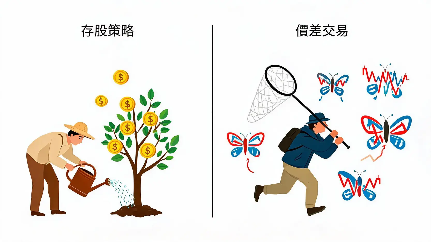 存股教學:股票配息怎麼算?高股息ETF精選與關鍵指標全解析 2 存股策略與價差交易的對比圖,左邊是農夫澆灌搖錢樹,右邊是獵人追逐股價波動。