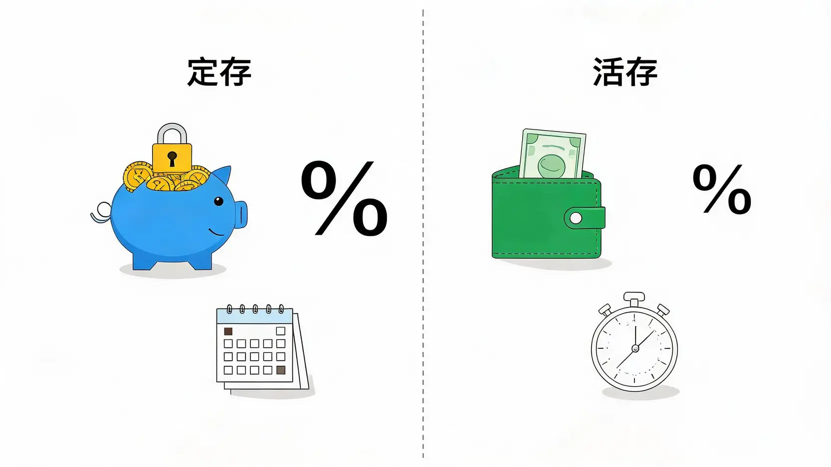 定存全攻略:定存是什麼?一篇看懂利率計算、優缺點與3大隱藏風險 2 定存與活存的差異圖解:定存像上了鎖的存錢筒,利率高但資金不靈活;活存像錢包,資金靈活但利率低。