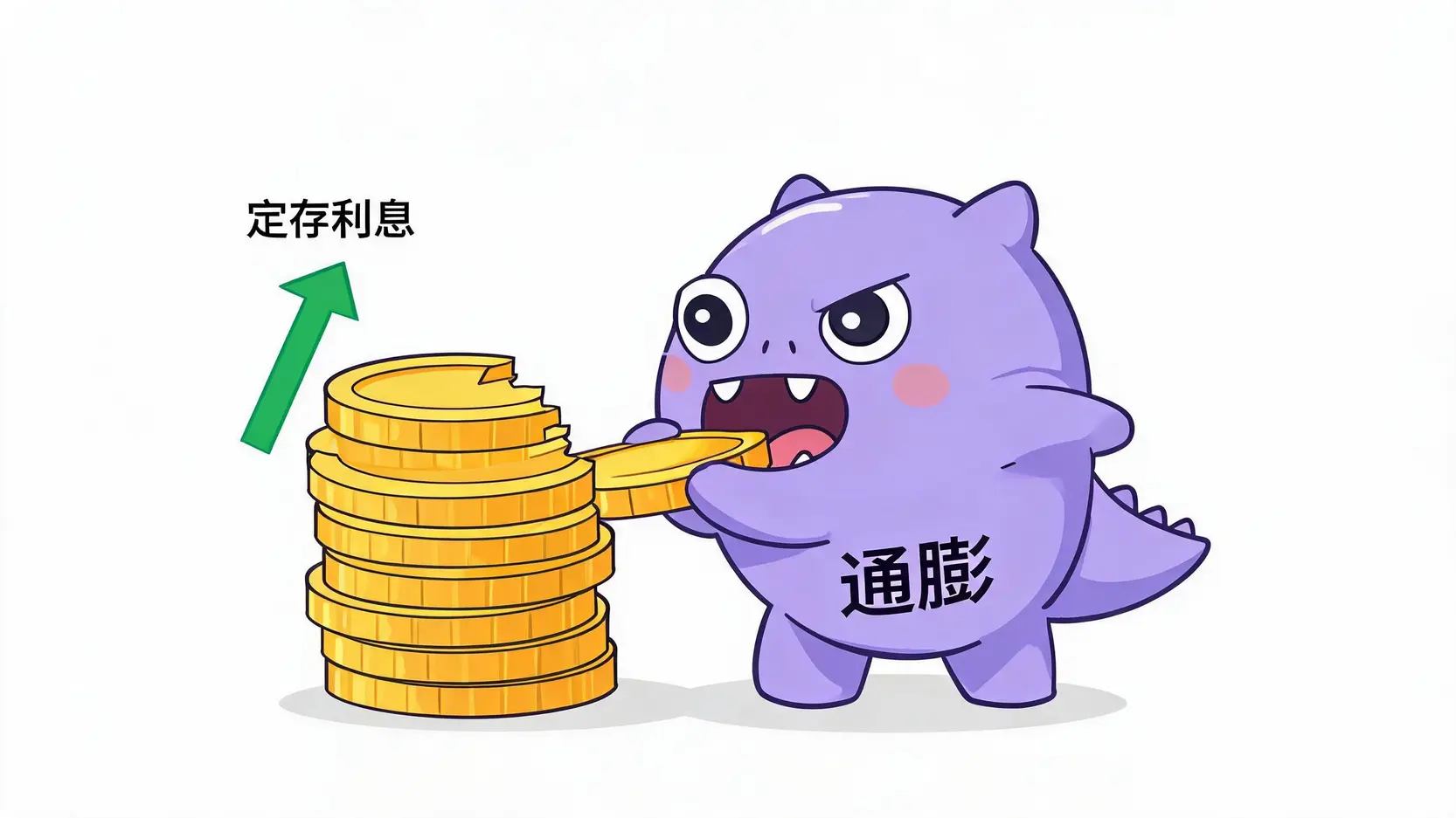 定存全攻略:定存是什麼?一篇看懂利率計算、優缺點與3大隱藏風險 3 通膨風險示意圖:一隻名為通膨的怪獸正在吃掉定存利息產生的金幣,說明實質負利率問題。