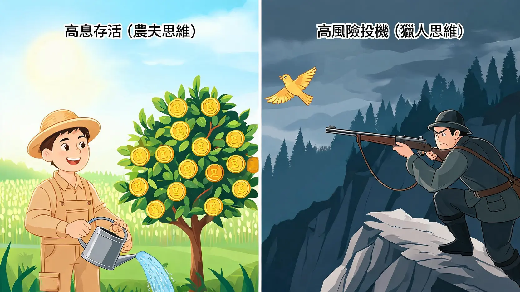 高利率時代求生術:用「高息存活」策略,讓你的錢自己工作 2 一張對比圖,左邊是農夫為金錢樹澆水代表穩定的高息存活策略,右邊是獵人追逐飛鳥代表不確定的高風險投機。