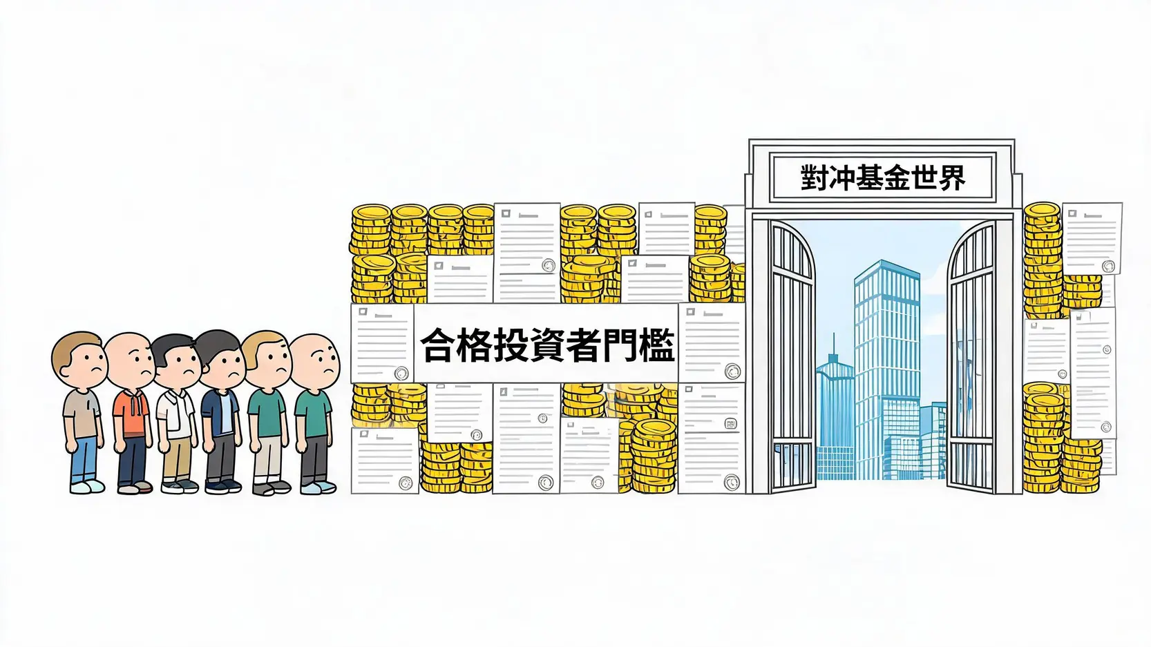 【富人投資課】如何投資對沖基金?2026年資格、管道到挑選5大步驟全解析 2 合格投資者門檻示意圖,一道高牆將普通投資者與對沖基金世界隔開。