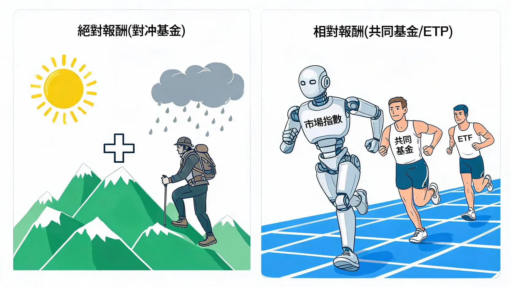 對沖基金 vs 共同基金 vs ETF:哪個最適合我?一張圖看懂2026關鍵差異 2 一張圖解釋絕對報酬與相對報酬的區別:左邊對沖基金追求在任何市況下都向上,右邊共同基金和ETF追求跟隨或超越市場指數。