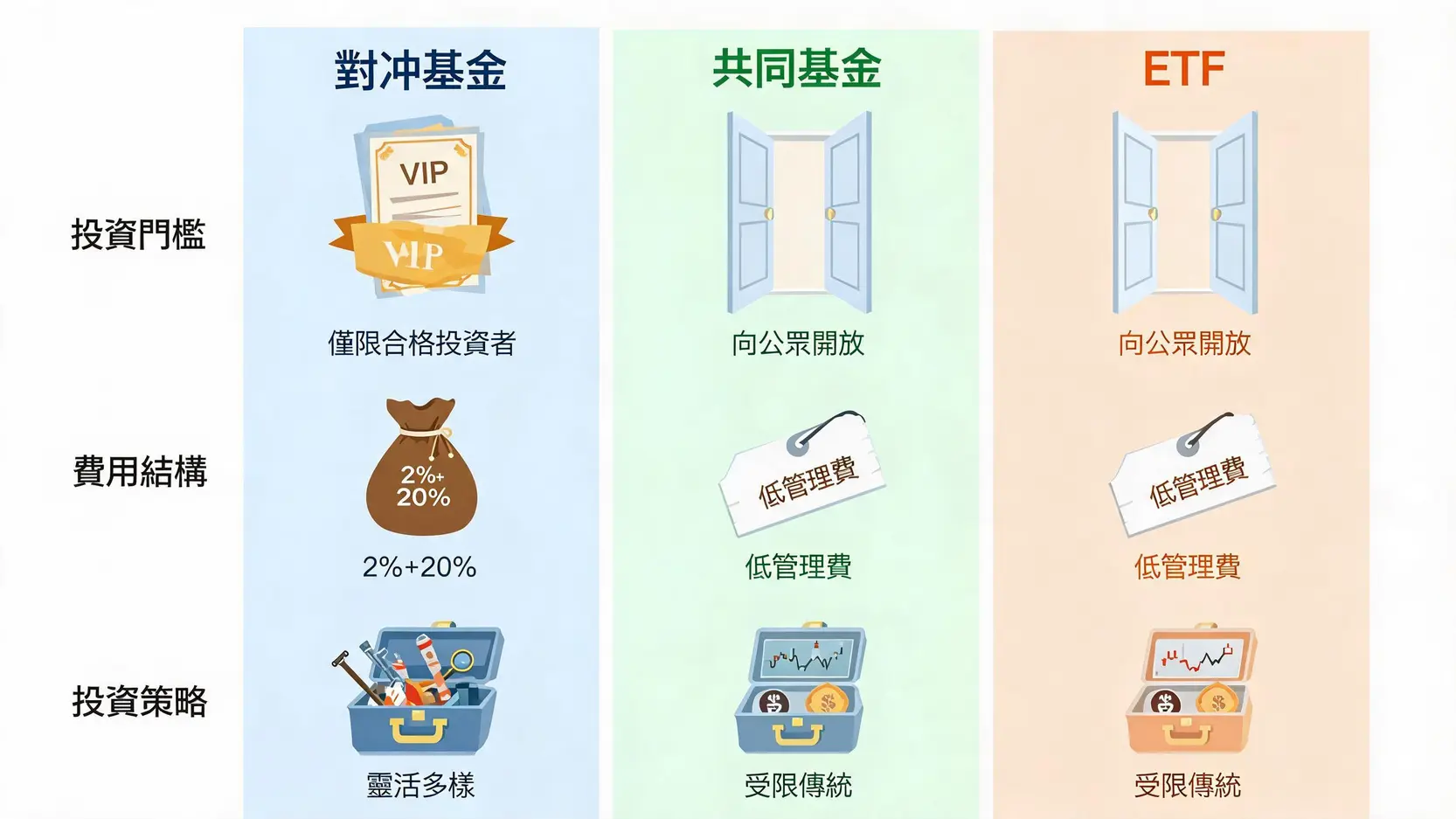 對沖基金 vs 共同基金 vs ETF:哪個最適合我?一張圖看懂2026關鍵差異 3 對沖基金、共同基金與ETF在投資門檻、費用和策略上的核心差異對比圖。