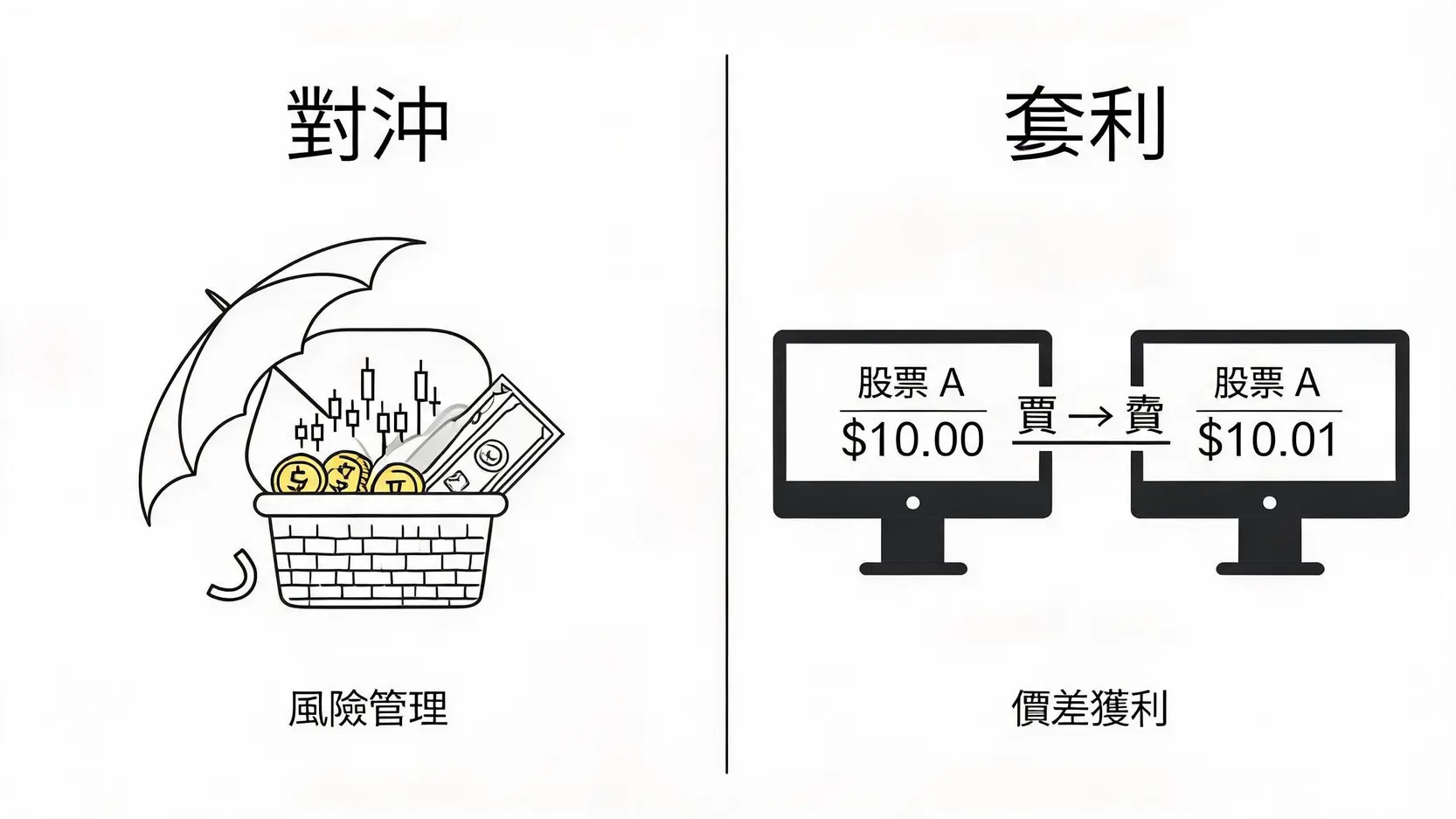 對沖(Hedge)是什麼意思?不只是避險!從生活實例看懂金融對沖策略 4 對沖與套利的區別圖。左邊的對沖是為資產組合打傘避險,右邊的套利是在不同市場間利用價差獲利。