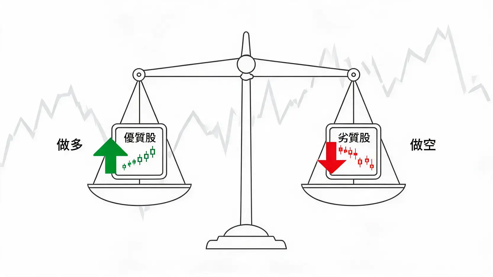 不靠牛市也能賺?對沖基金最常用的投資策略深度解析(附案例) 2 一張說明對沖基金多空策略的示意圖,天平兩端分別是做多優質股和做空劣質股,以實現市場中性。