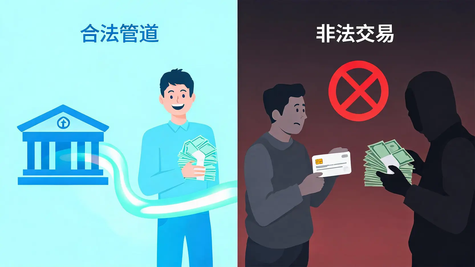 急需現金?3大合法信用卡套現方法大評比(現金分期 vs. 預借現金 vs. 信用貸款) 2 一張圖解釋合法信用卡套現與非法刷卡換現金的區別