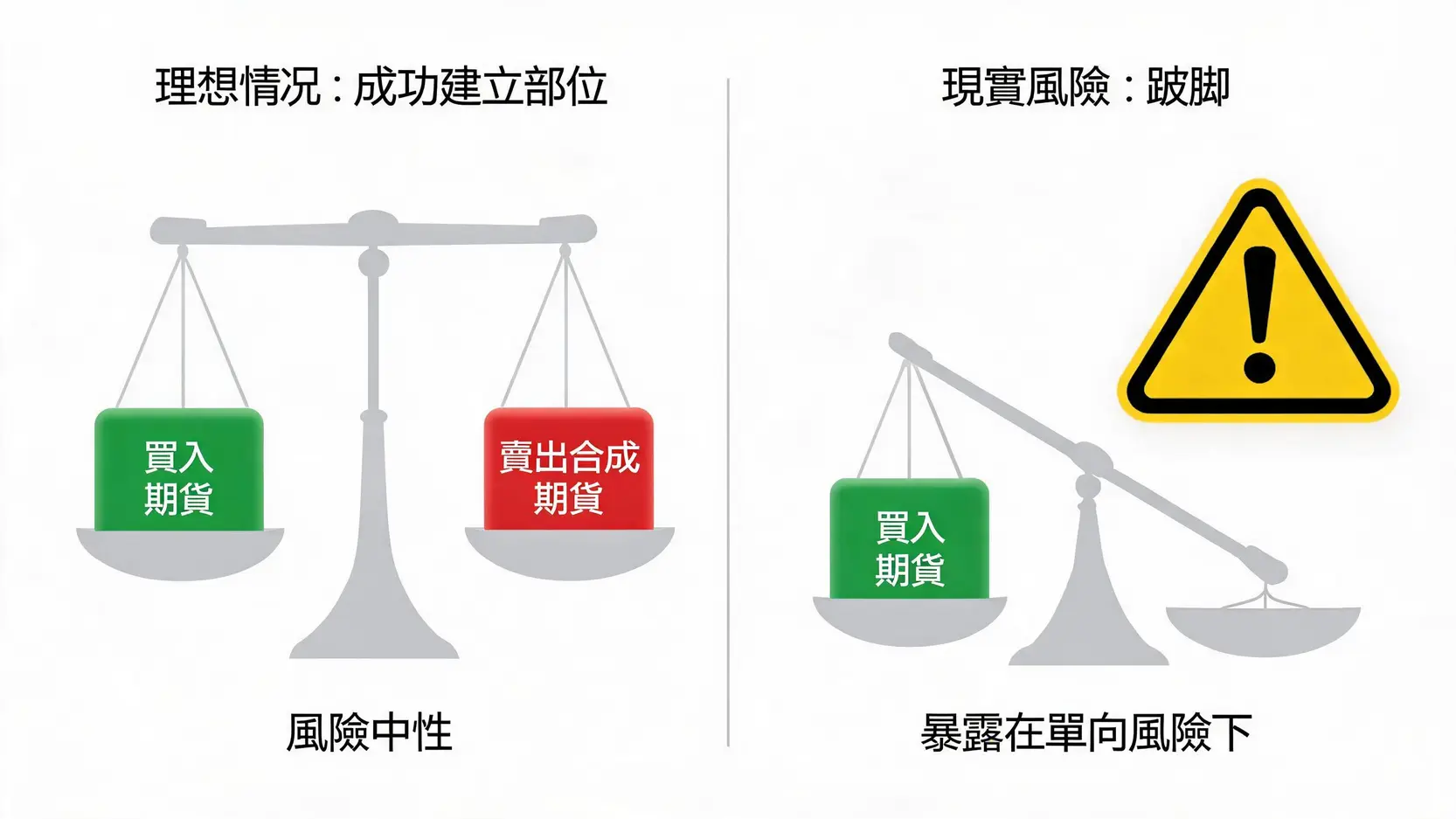 選擇權套利實戰:2026年3種常見策略與風險控管全攻略 2 套利交易的跛腳風險對比圖,一邊是成功建立的風險中性部位,另一邊是因部分成交失敗而導致的單向風險暴露部位。