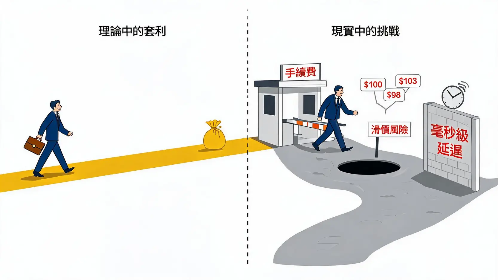 【選擇權套利入門】2026專家解析:市場中的『無風險獲利』是真的嗎? 3 理論套利與現實挑戰的對比圖,展示了手續費、滑價和執行速度是實現無風險套利的現實障礙。