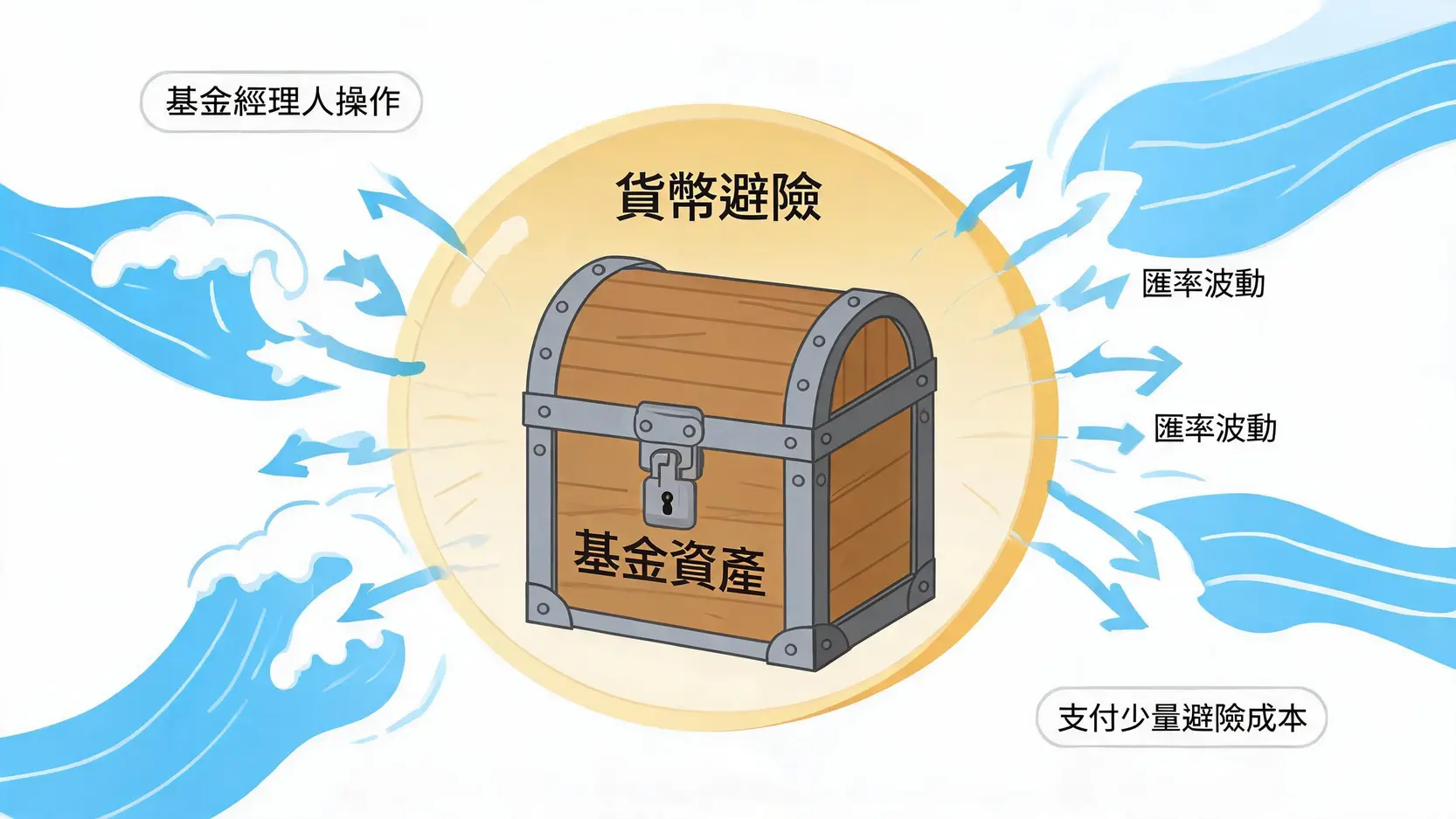 【美元避險意思】基金名稱的『避險』是什麼?選錯小心報酬被匯率吃掉! 3 一張概念圖解釋基金的貨幣避險機制,一個寫著基金資產的寶箱被一個保護罩保護,抵擋外部的匯率波動風險。