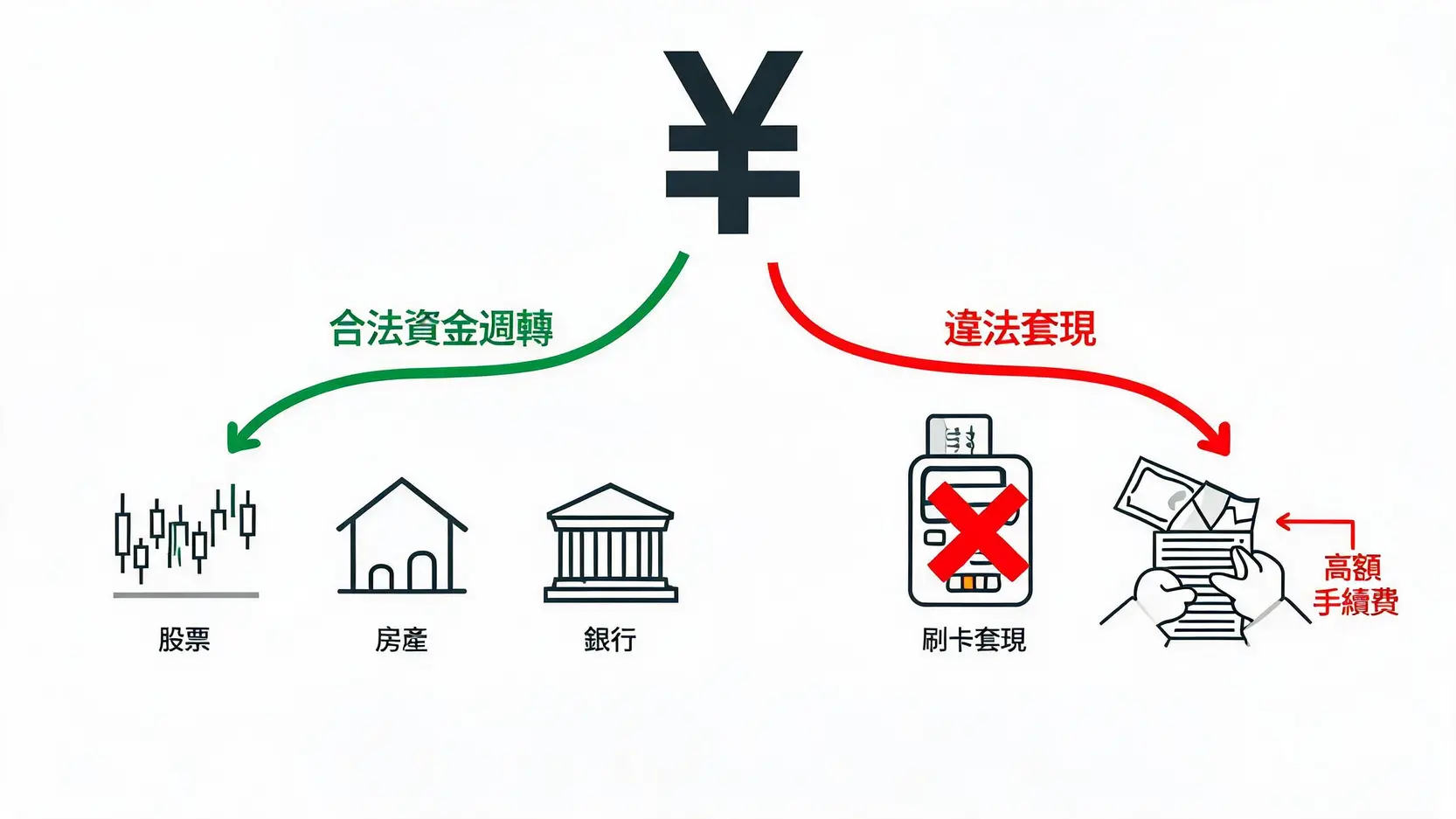 【套現意思全解析】一文搞懂合法與違法界線,別讓自己誤觸法網! 2 合法套現與違法套現的區別示意圖,展示了安全的資產變現途徑與危險的刷卡換現金陷阱。