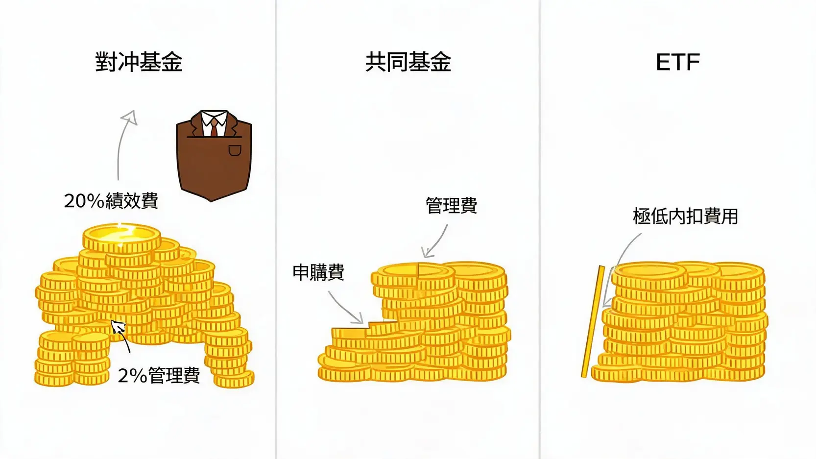 對沖基金 vs 共同基金 vs ETF:哪個最適合你?一張圖秒懂! 2 對沖基金、共同基金與ETF費用結構比較圖,顯示對沖基金的2/20收費最高,ETF費用最低。